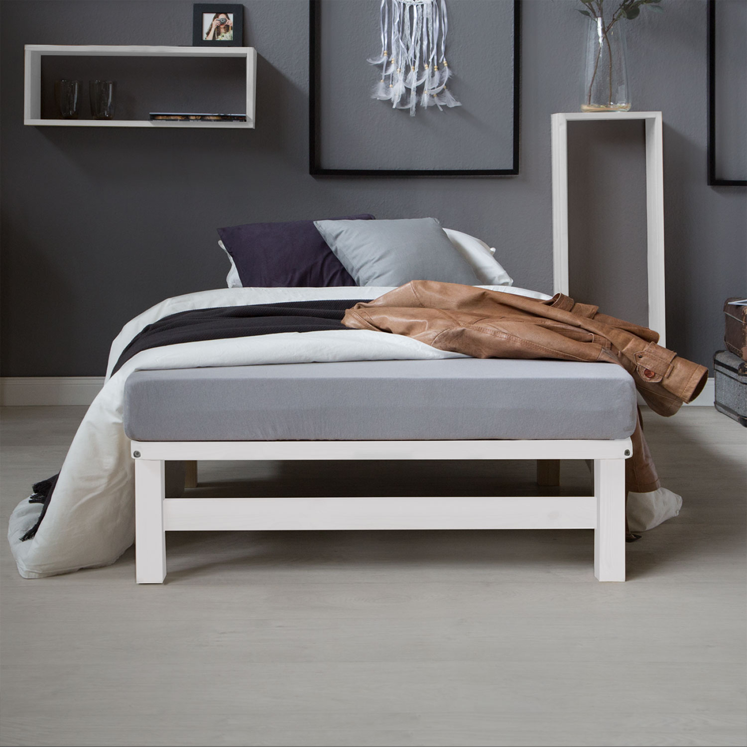 Pallet Bed 90x200 cm White | Single Bed | with Slatted Frame | Wood | Kids Youth Guest Bedroom