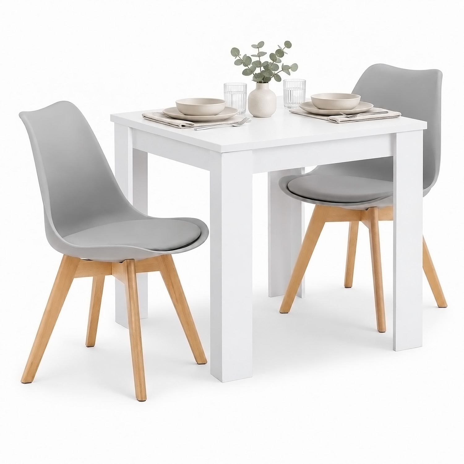 Dining Set (3-Piece): 80x80 cm white dining table with 2 grey plastic chairs and wooden legs