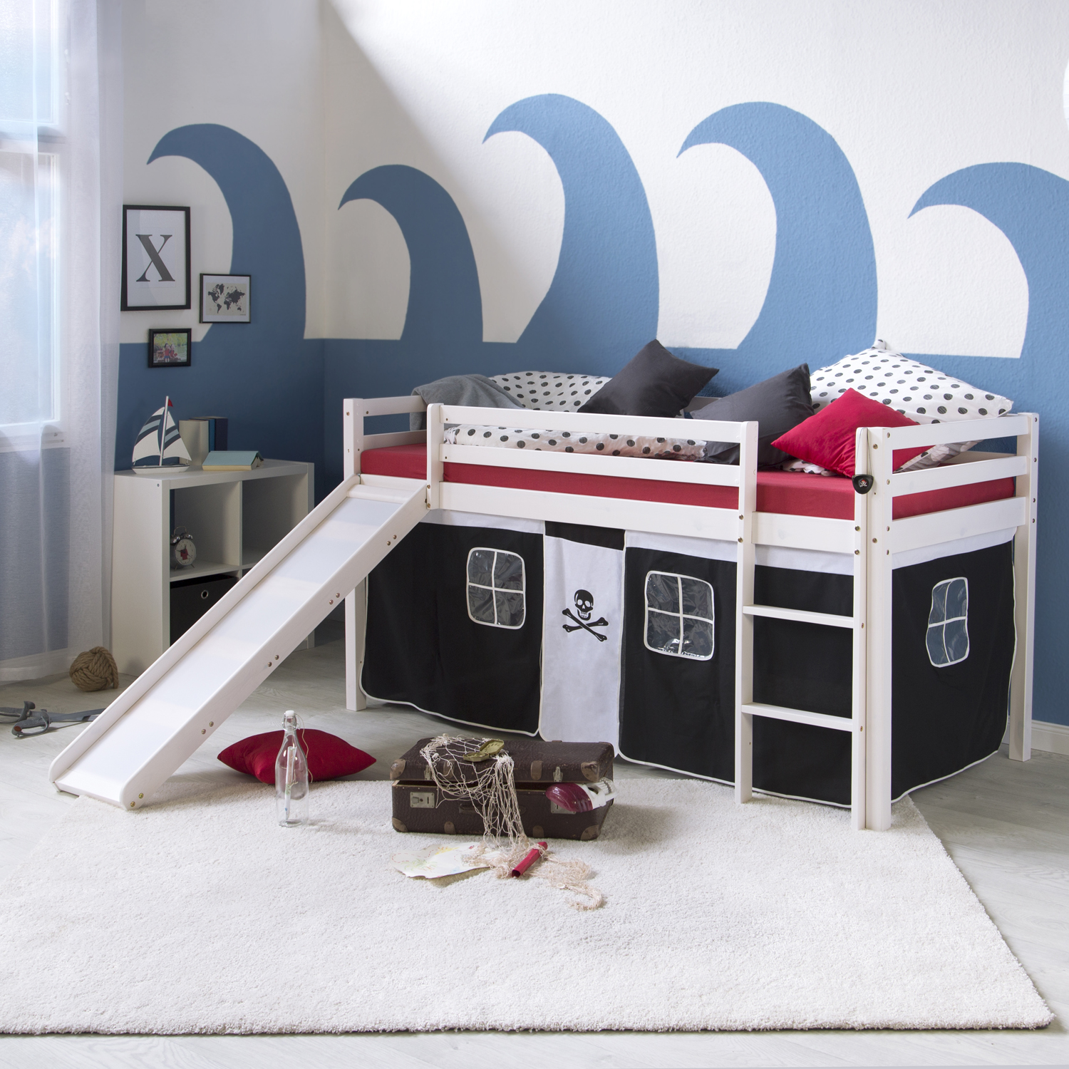 Loftbed 90x200 cm Bunk bed Childrens bed Solid Pine Wood Tower Tunnel Curtain Black Pirate Slide Mattress Slats