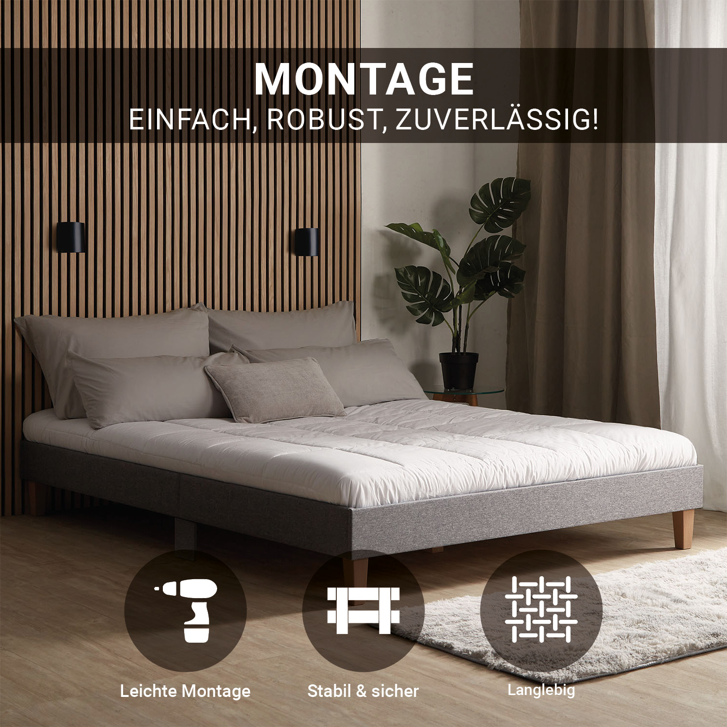 Upholstered Bed 160x200 cm Gray – Modern Futon Bed with Slatted Base | Minimalist Double Fabric Bed