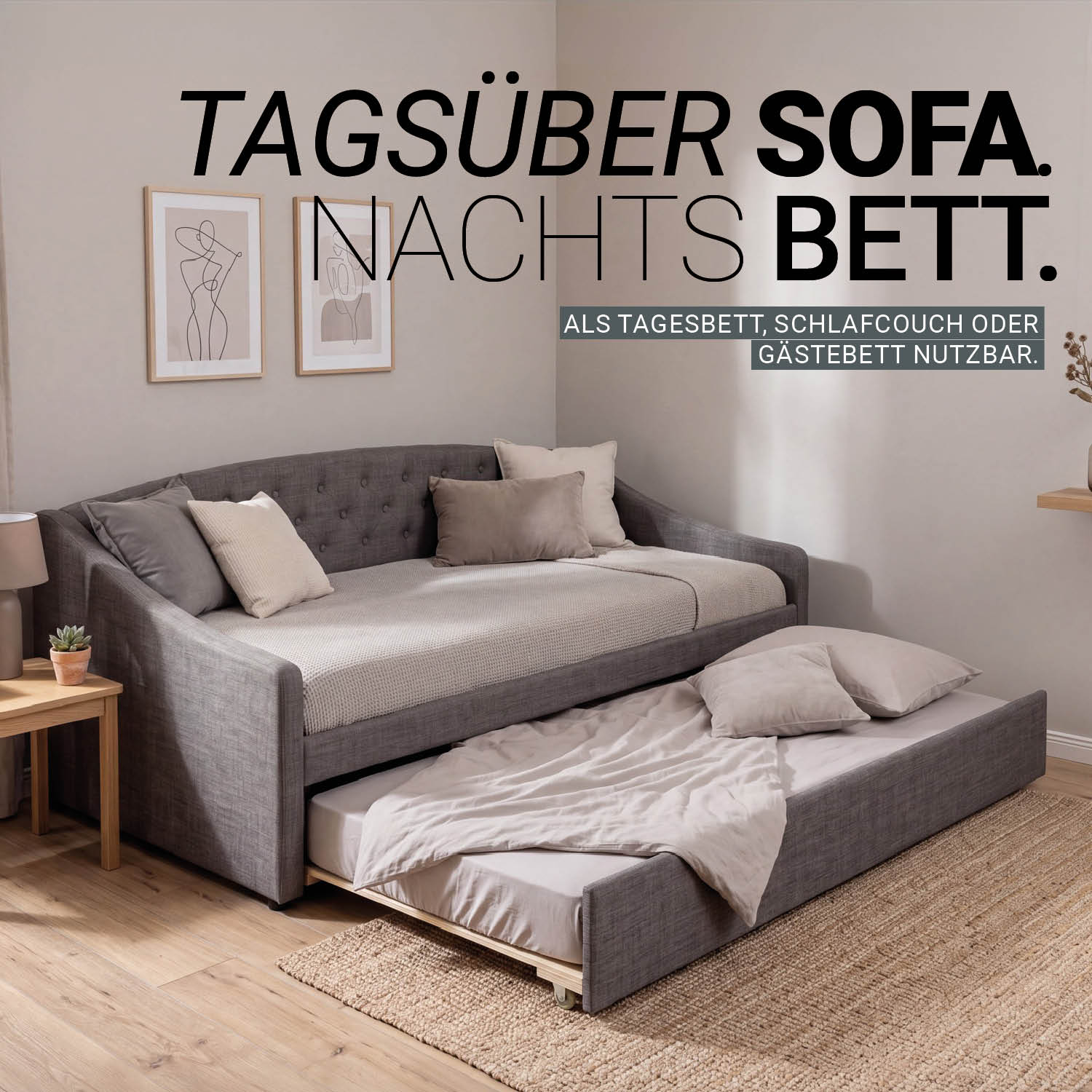 Upholstered Bed 90x200 cm Gray with Storage – Daybed & Pull-Out Guest Bed