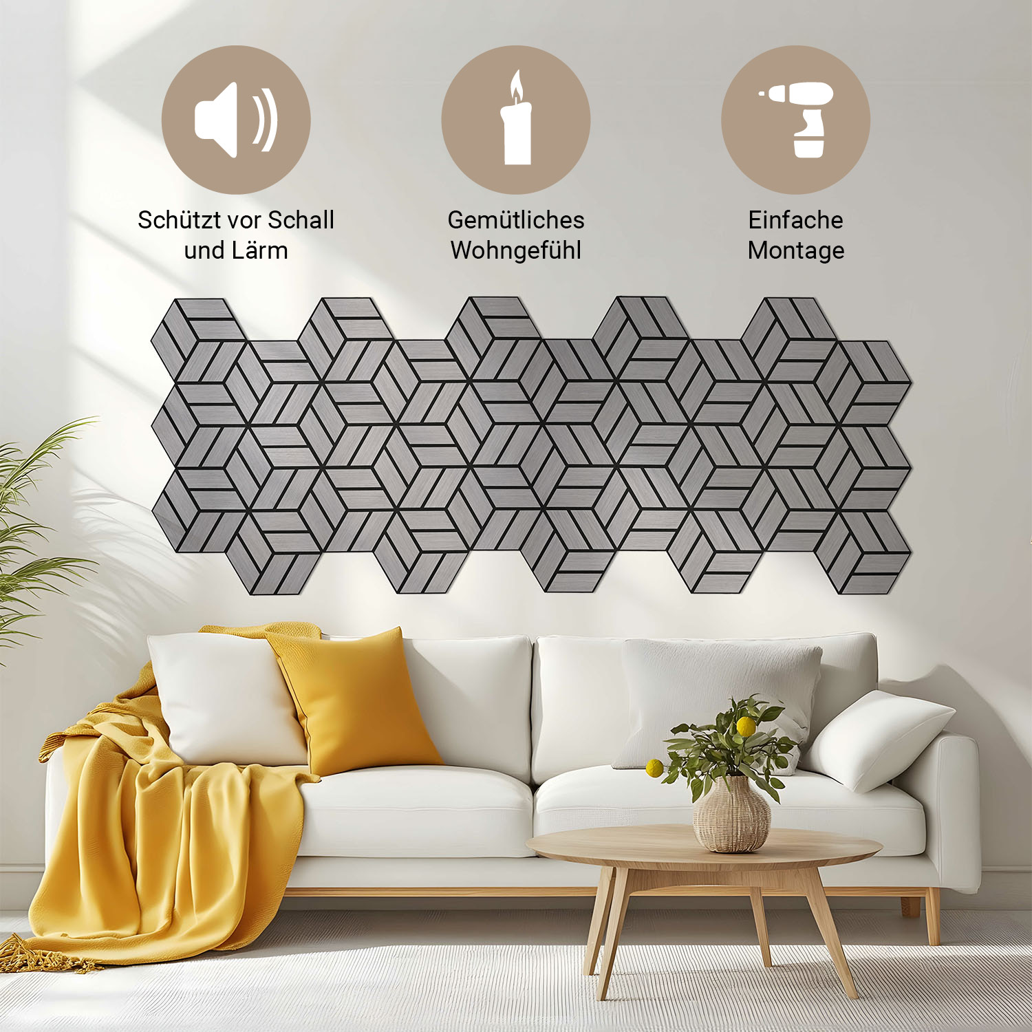 Acoustic Panels Wall Panels Hexagon Honeycomb 30 x 26 cm Grey | Wood | 5-piece Set | 3D