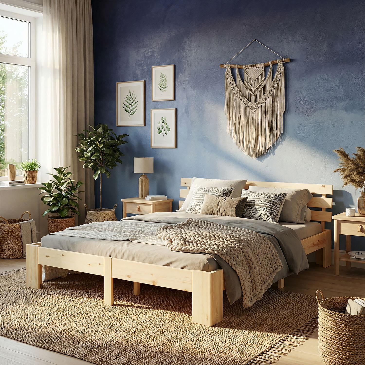 Wood Bed 140x200 cm Natural | Double Bed | with Spring Mattress | Solid | Youth Guest Bedroom