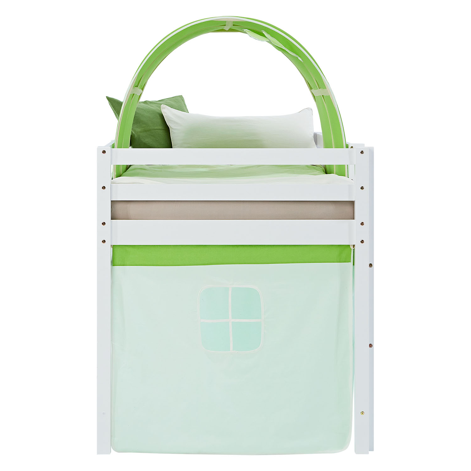 Loft Bed for Kids 90x200 cm White with Curtain in Green | Tunnel | with Slatted Frame and Mattress