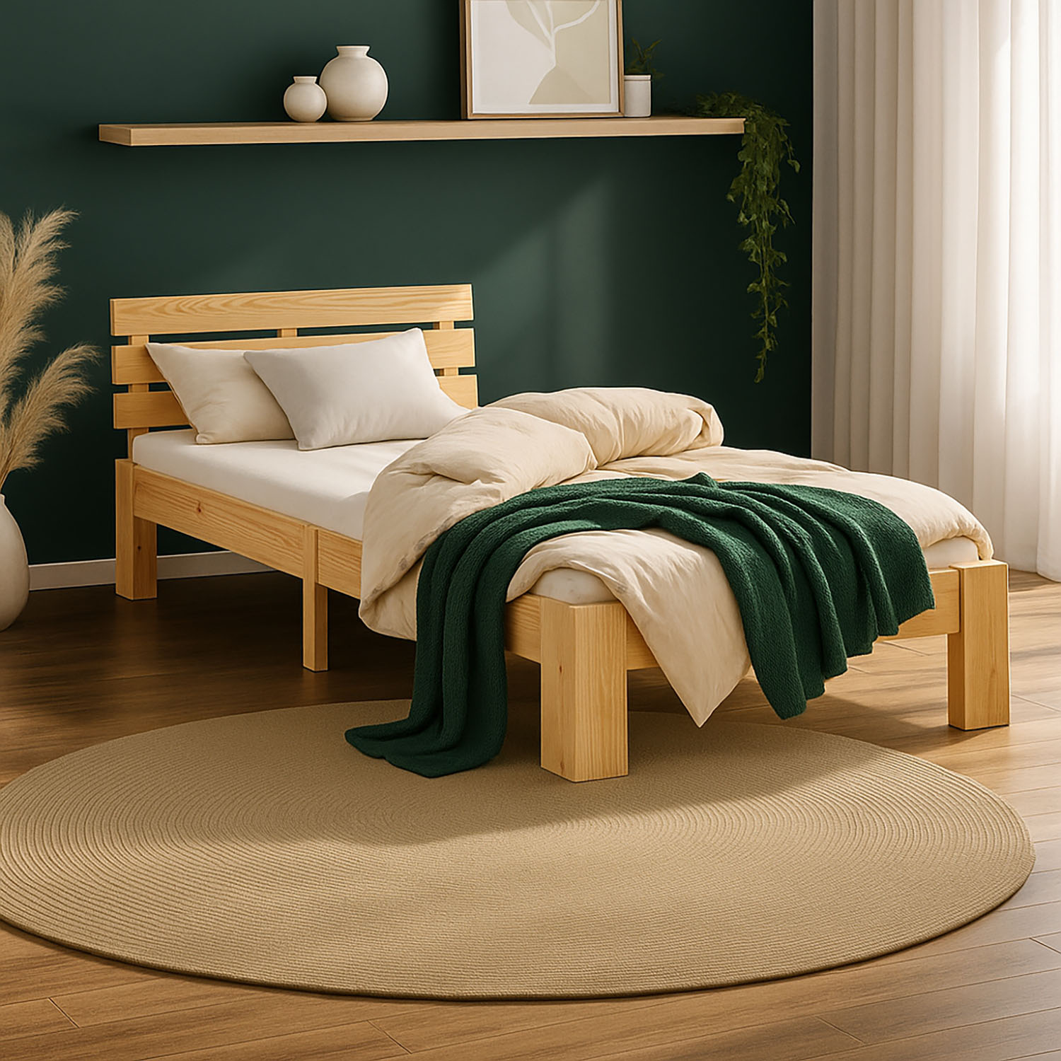 Wood Bed 90x200 cm Natural | Single Bed | with Mattress | Solid | Kids Youth Guest Bedroom