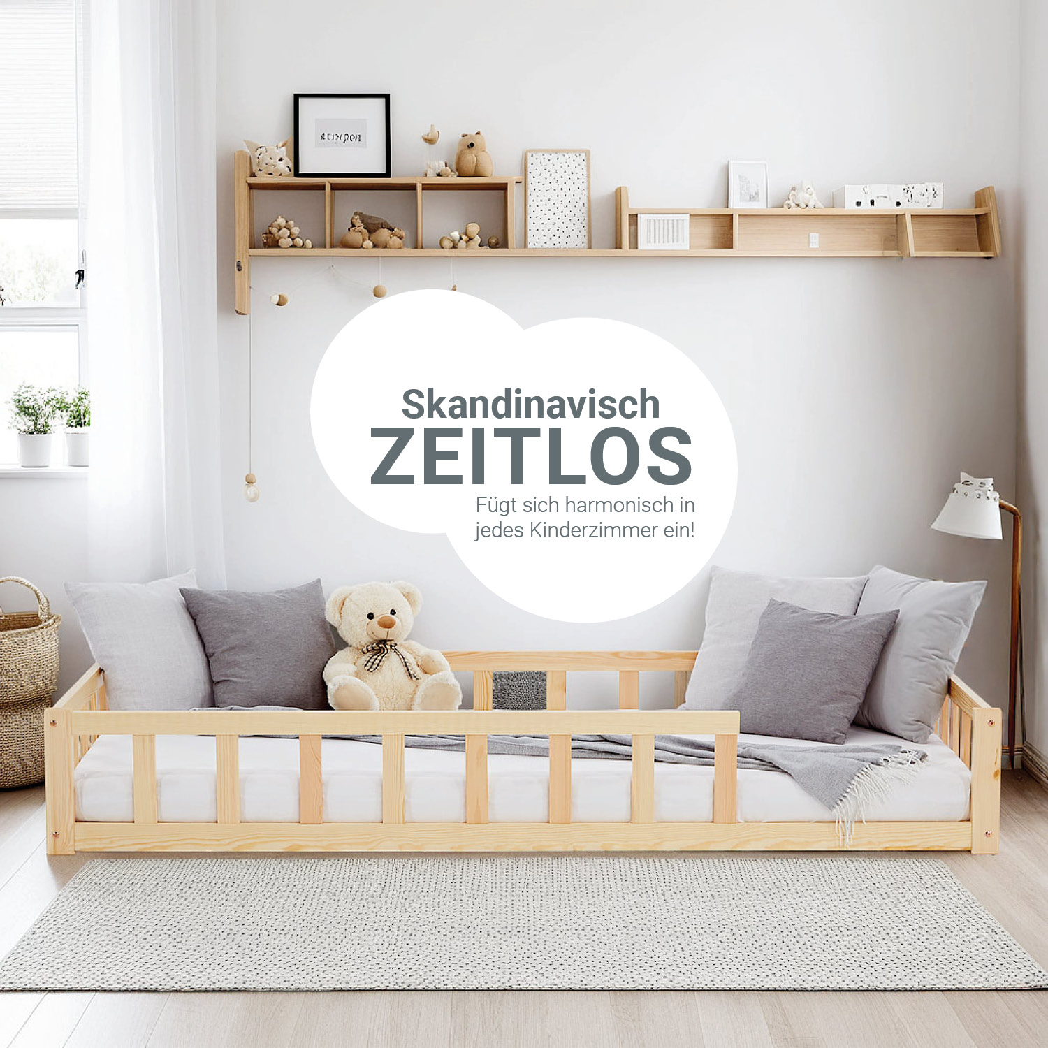 Children's Bed 90x200 Natural | Floor Bed with Mattress & Slatted Frame | with Fall Protection | Montessori
