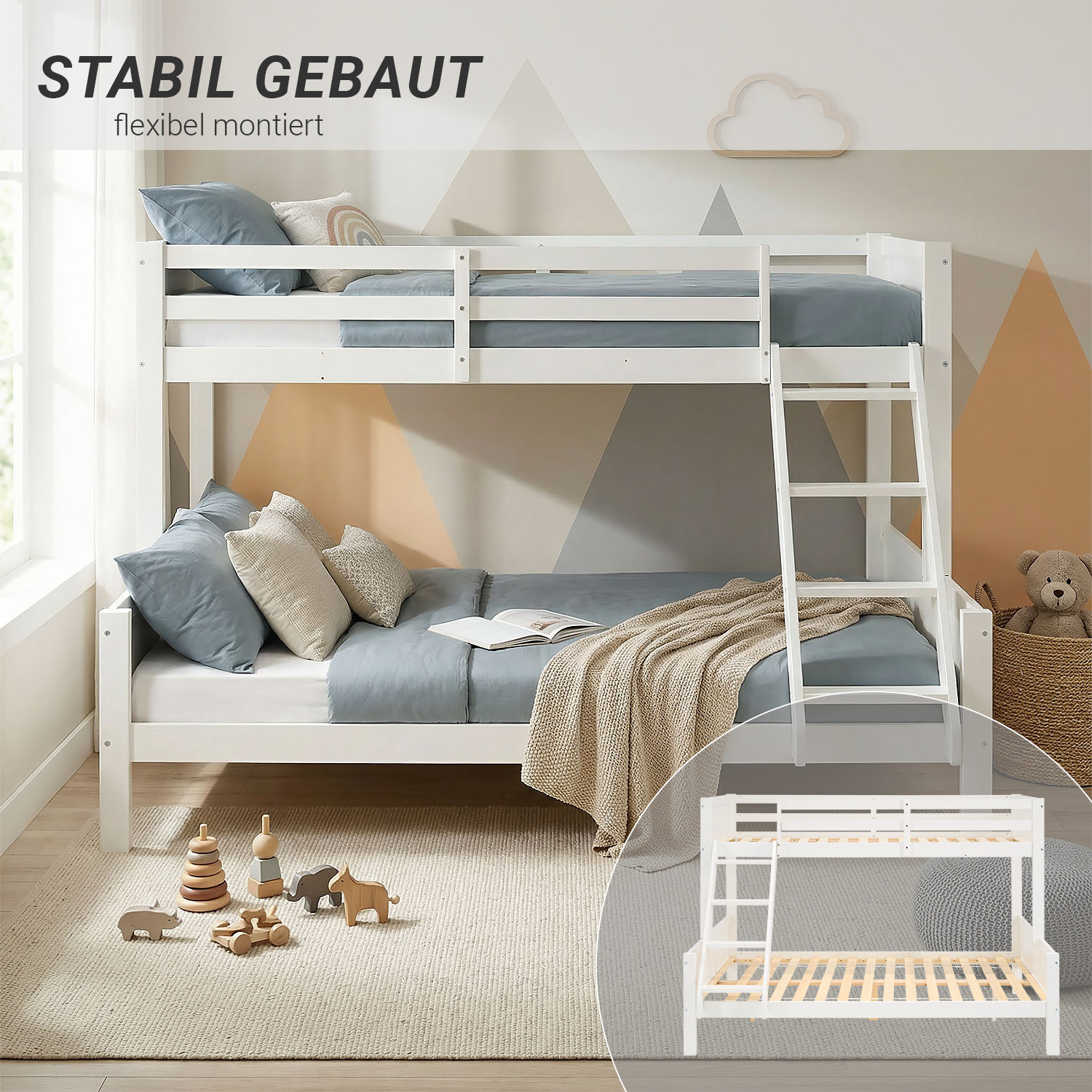 Children´s Bed Bunk Bed 90x200 and 140x200 High Sleeper Cot White Wood with Slats 2 Matresses
