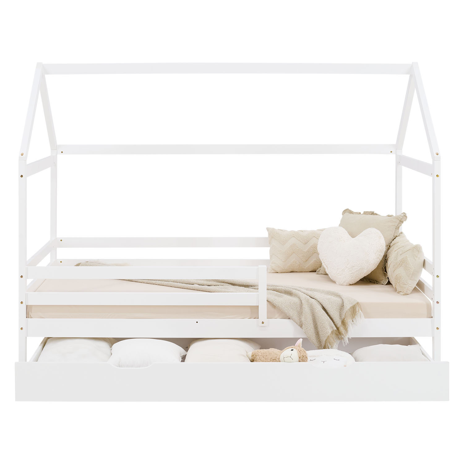 Children's Bed 90x200 cm White | House Bed with Fall Protection and Bed Drawer | Montessori | Single Bed | with Slatted Frame | Wood