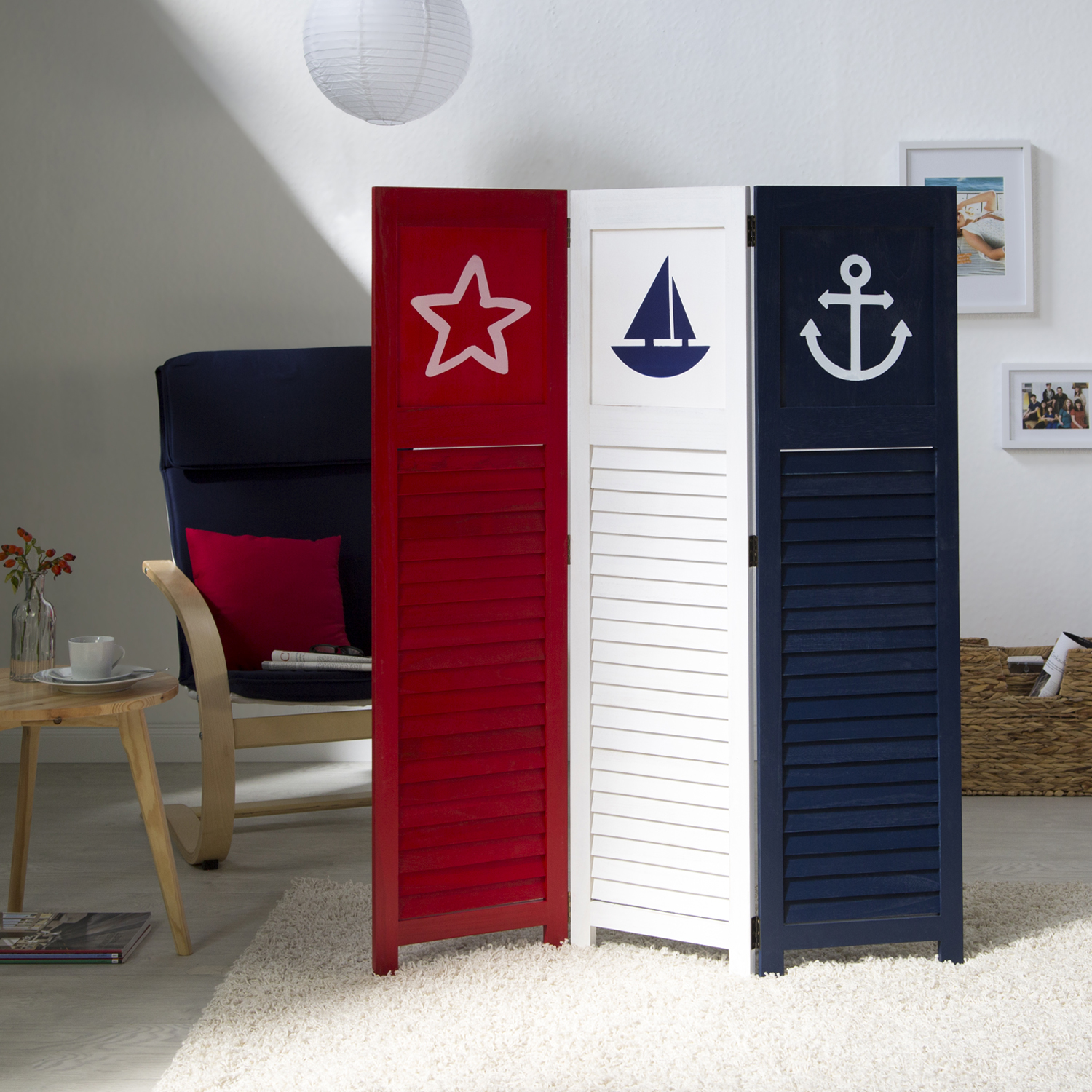 Paravent Red White Black Maritime Motifs | 3-panel | Wood | Room Divider Partition Privacy Screen