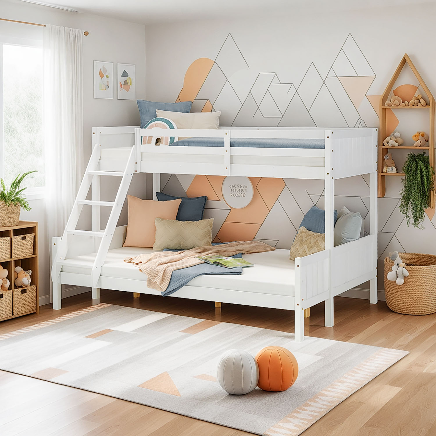 Bunk Bed Kids Bed 90x200 and 140x200 cm White Grey 2 Mattresses Wood Cabin Bed High Sleeper Bed Loft Bed Childrens Bed Twin Bed Drawer