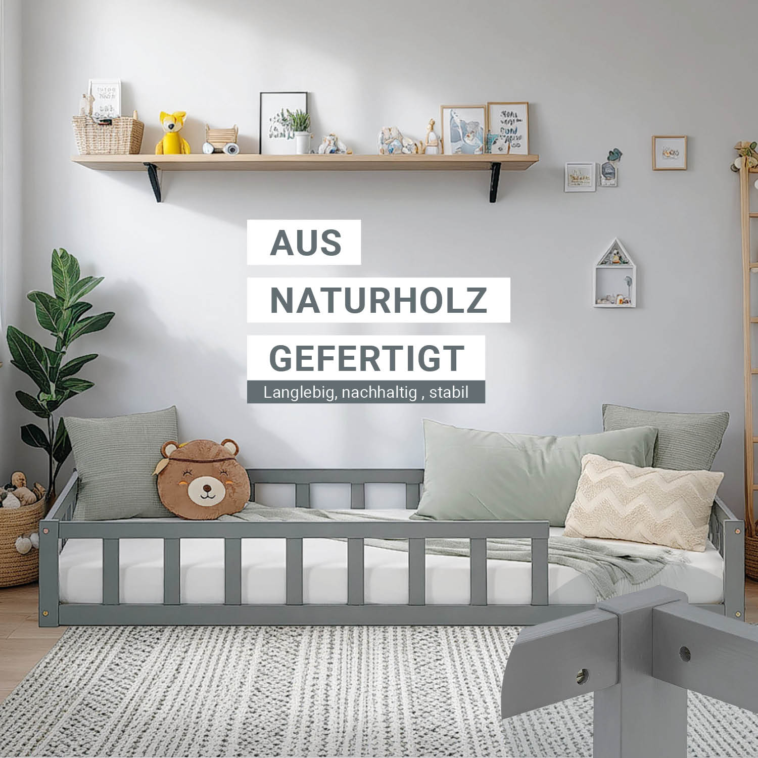 Children's Bed 90x200 Grey | Floor Bed with Mattress & Slatted Frame | with Fall Protection | Montessori