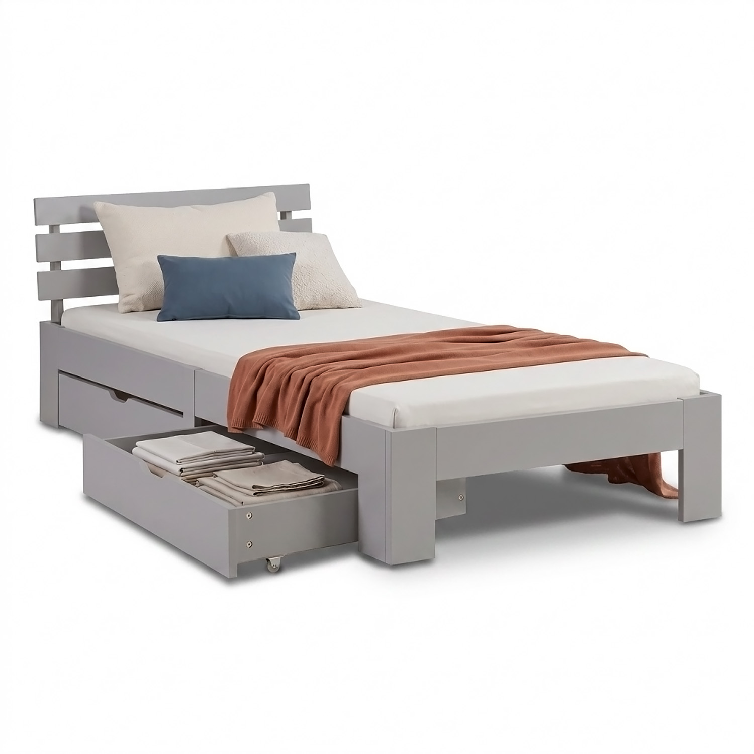 Wooden Bed 90x200 cm Gray | Single Bed with Storage | With Slatted Base | Solid Wood | Children's, Teen, or Guest Bedroom