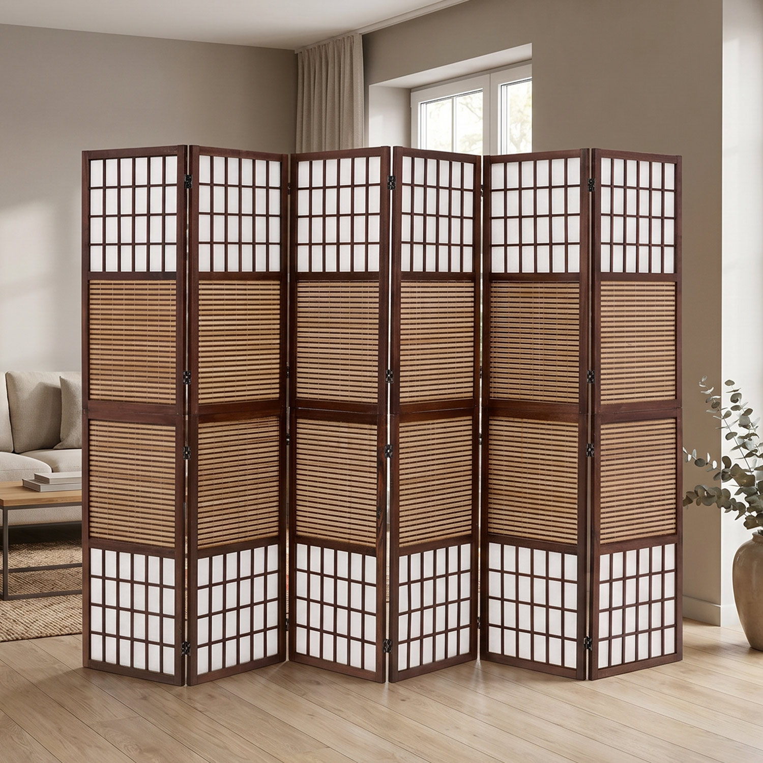Paravent Brown Bamboo Shoji Rice Paper White | 6-panel | Wood | Room Divider Partition Privacy Screen