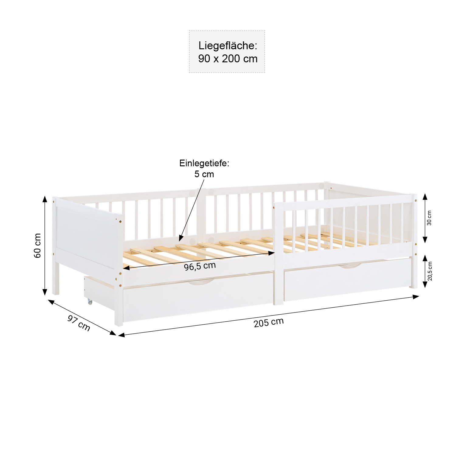 Children's Bed 90x200 cm White Natural | Wooden bed with 2 drawers | Single Bed | with Slatted Frame | Fall Protection
