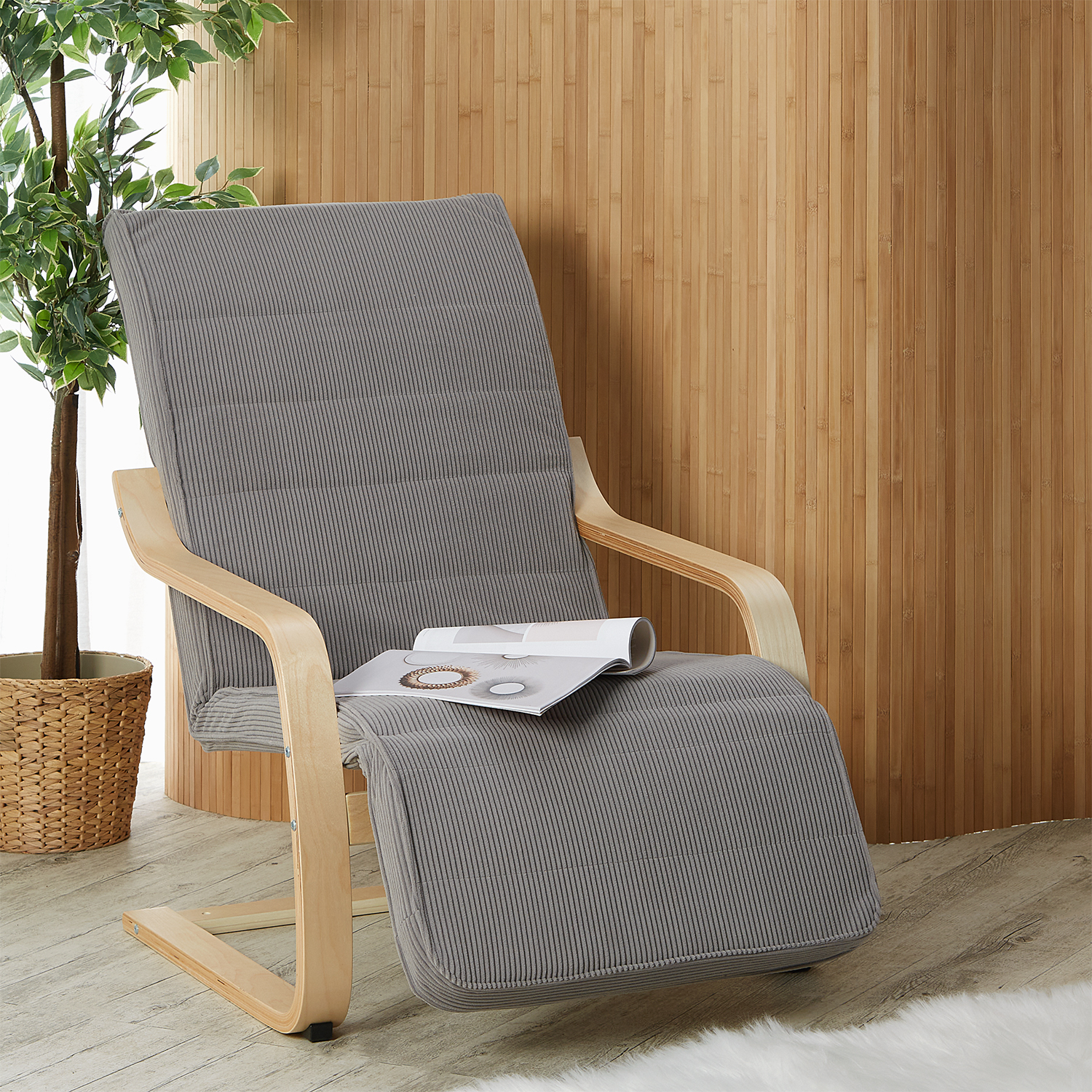 Relaxsessel Cord Dunkelgrau | with Footrest | Natural Wood | Glider Rocking Chair Nursing Chair Recliner