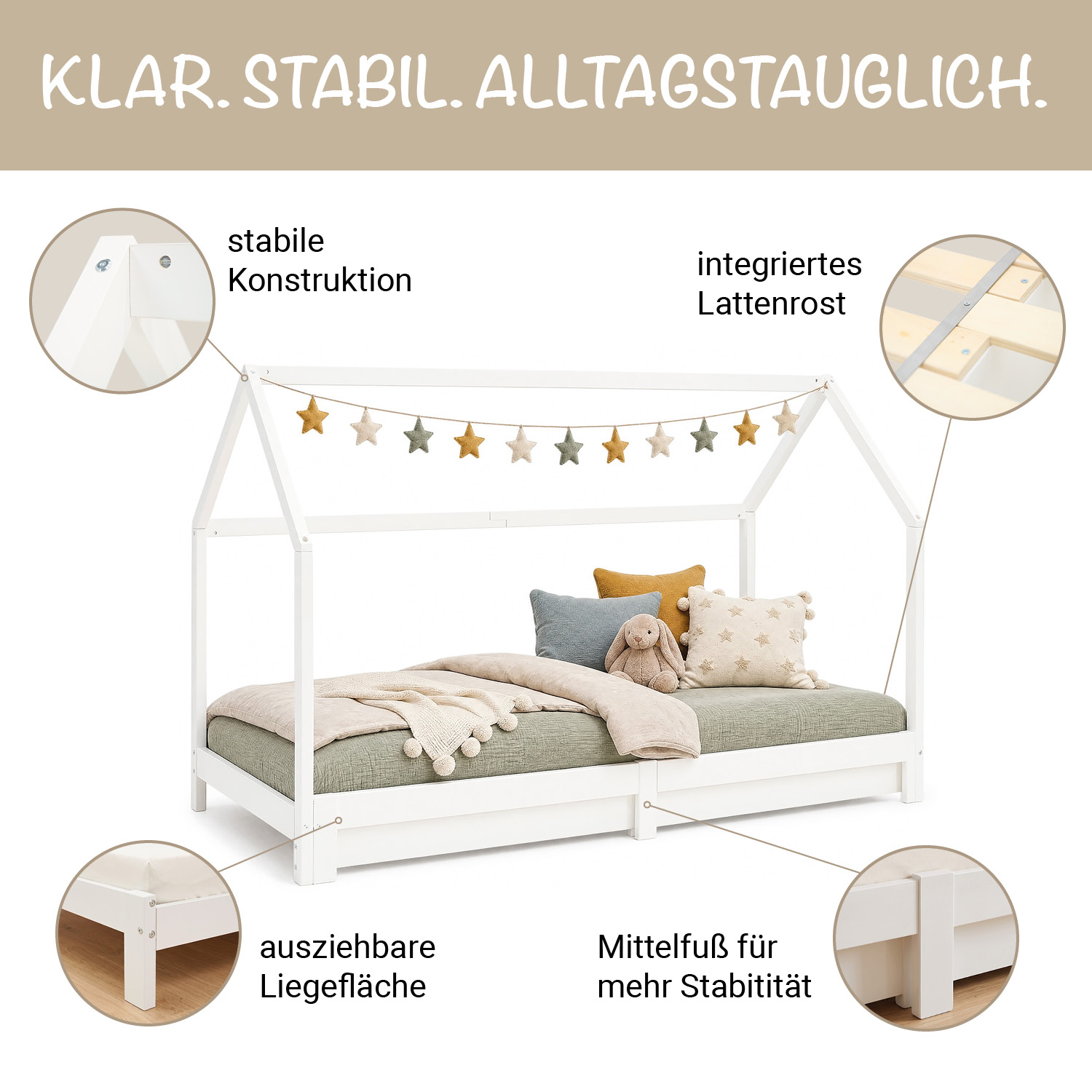 Children's Bed with Pull Out Bed 2 Mattresses 90x200 cm House Bed Treehouse Bed Children's Single Bed Wooden Frame White Trundle Bed Slats