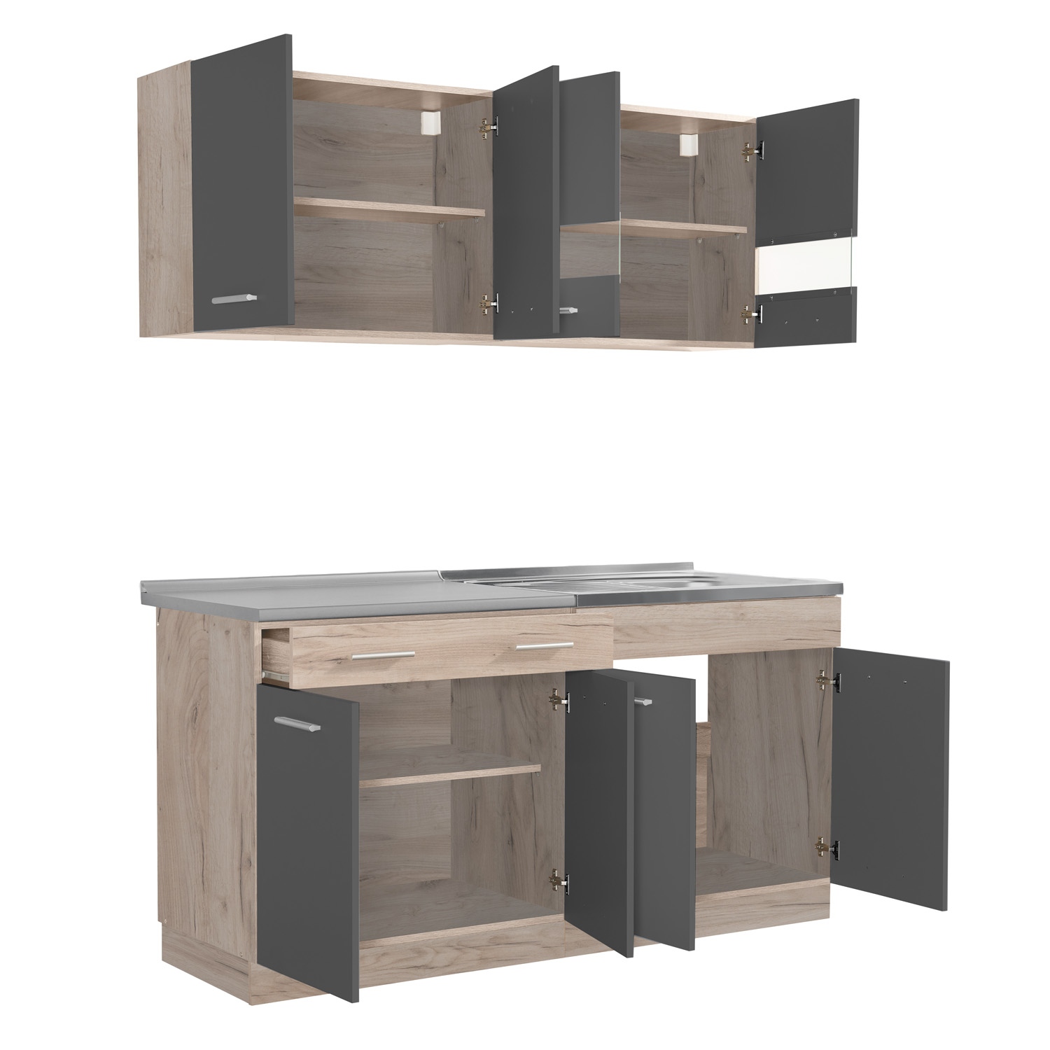 160 cm Gray Oak Kitchen Unit – Modern Kitchen Unit Without Appliances, Featuring Storage Space