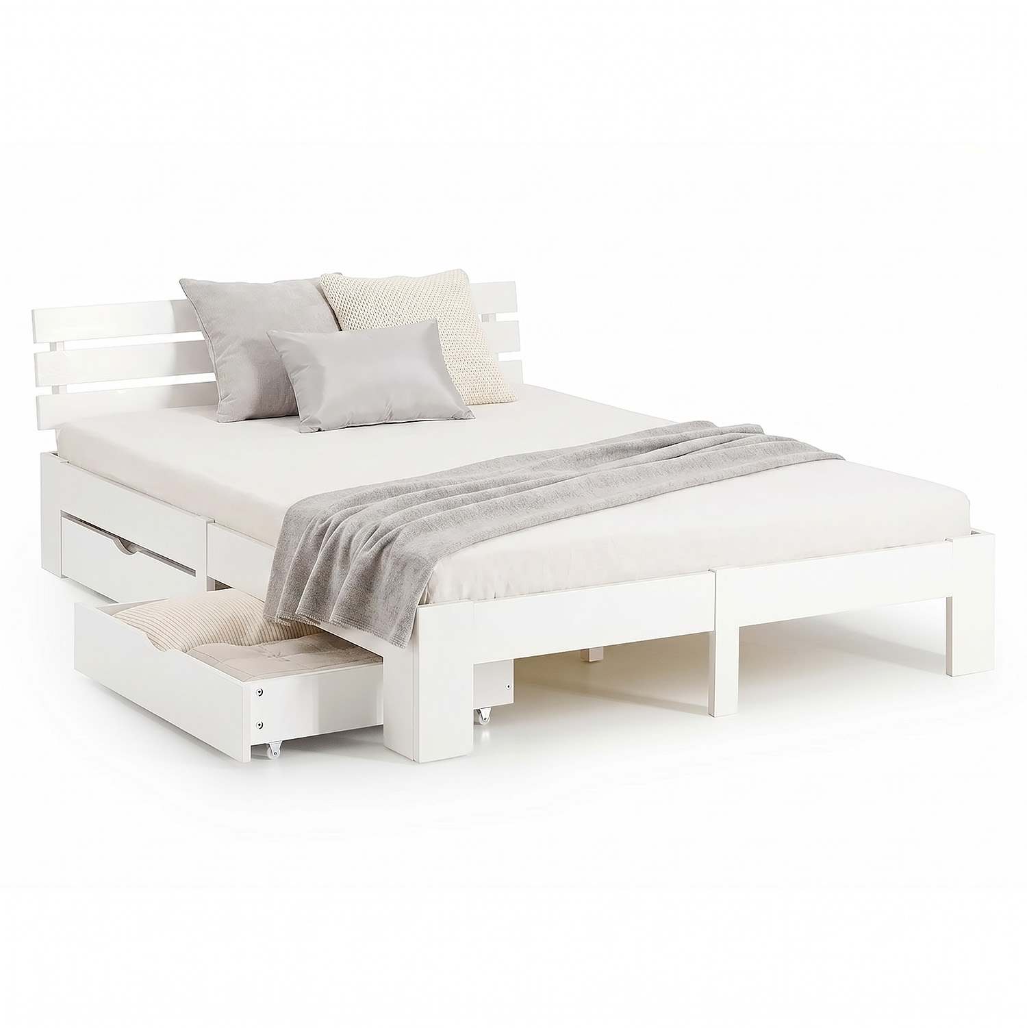 Wood Bed 160x200 cm White | Double Bed with Storage 2 Drawers | with Mattress | Solid | Youth Guest Bedroom