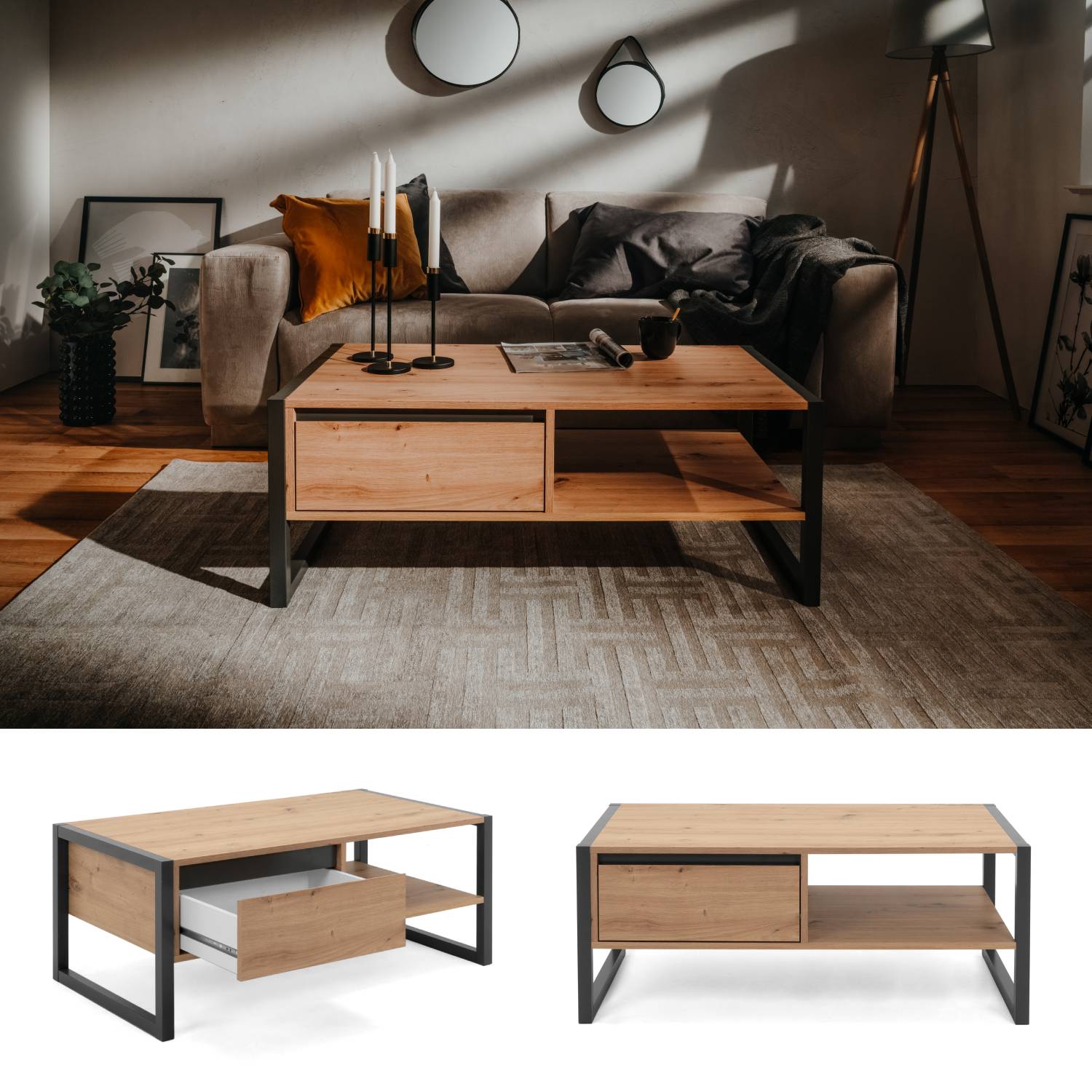 Coffee Table Living Room Table 1 Drawer Storage Wooden Table Grey Natural