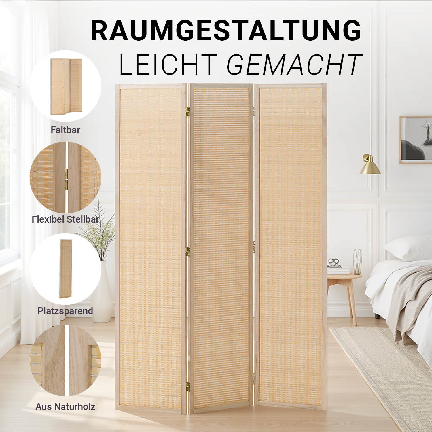 Paravent Natural Bamboo Slats | 3-panel | Wood | Room Divider Partition Privacy Screen