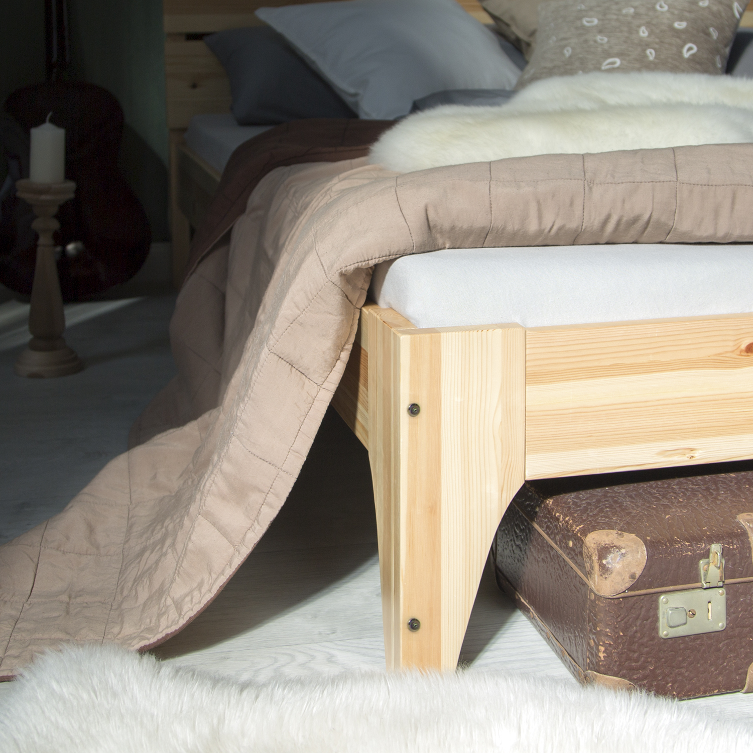 Wooden Bed 140x200 cm Natural Pine – Skandi-Style Double Bed with Slatted Base