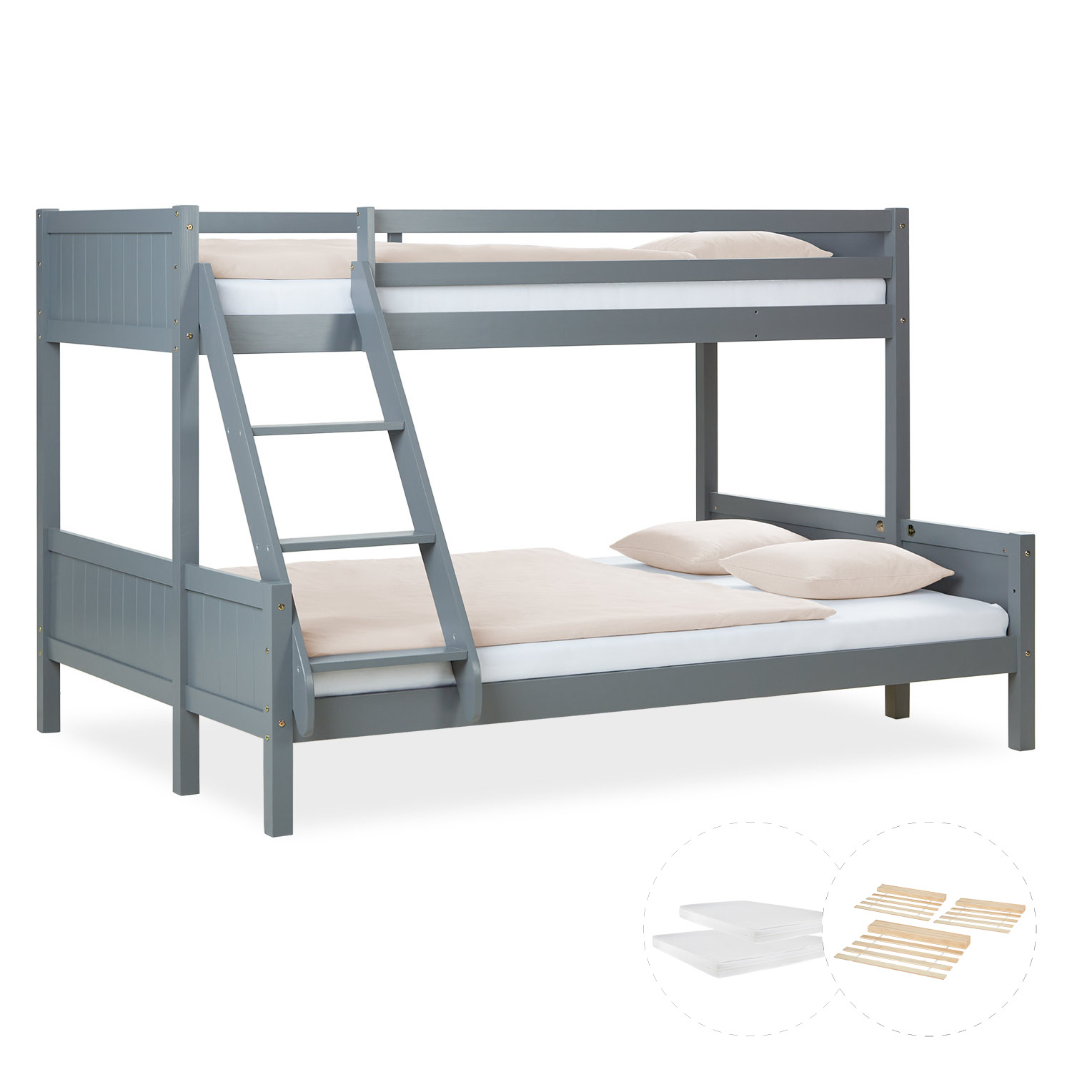 Bunk Bed Kids Bed 90x200 and 140x200 cm White Grey 2 Mattresses Wood Cabin Bed High Sleeper Bed Loft Bed Childrens Bed Twin Bed Drawer