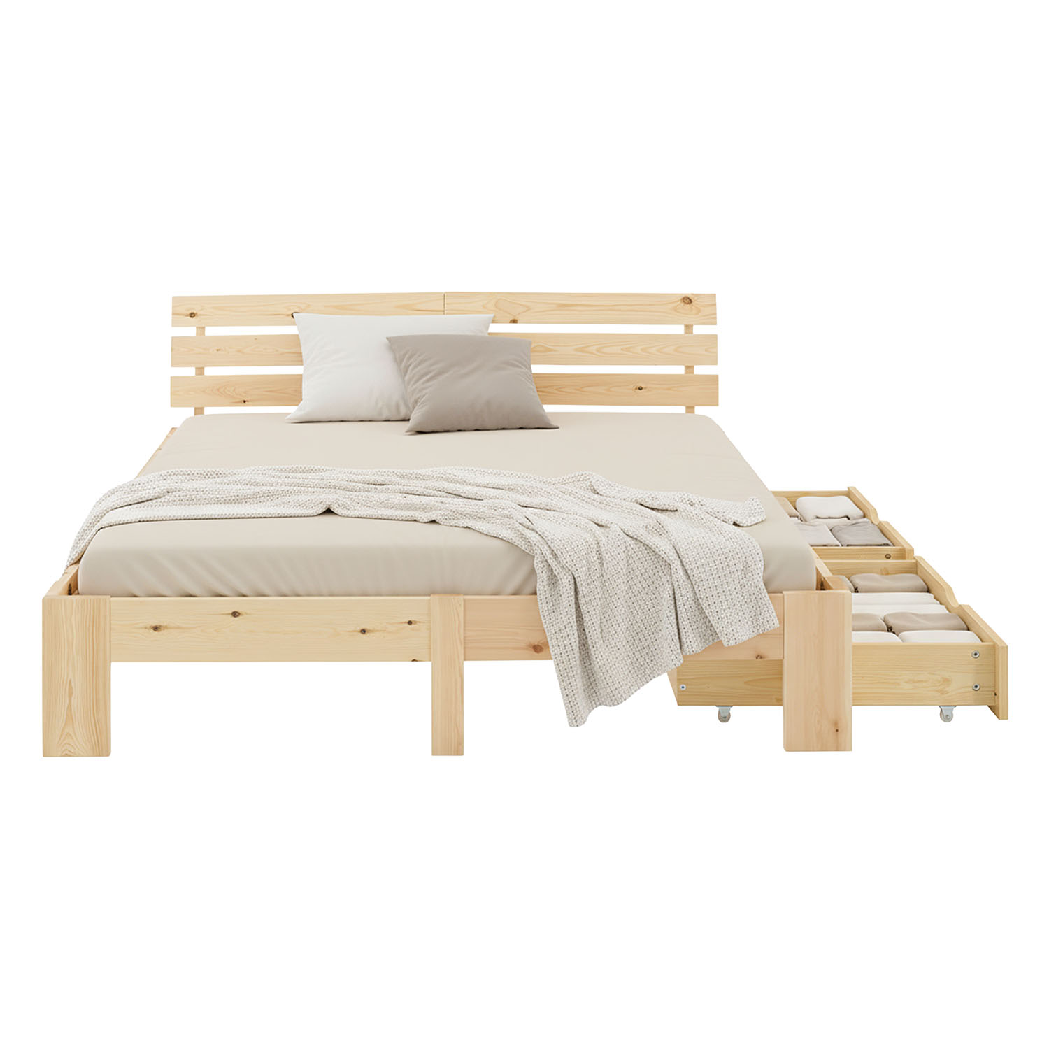 Wood Bed 180x200 cm Natural | Double Bed | with 2 Spring Mattress | 2 Drawers | Youth Guest Bedroom