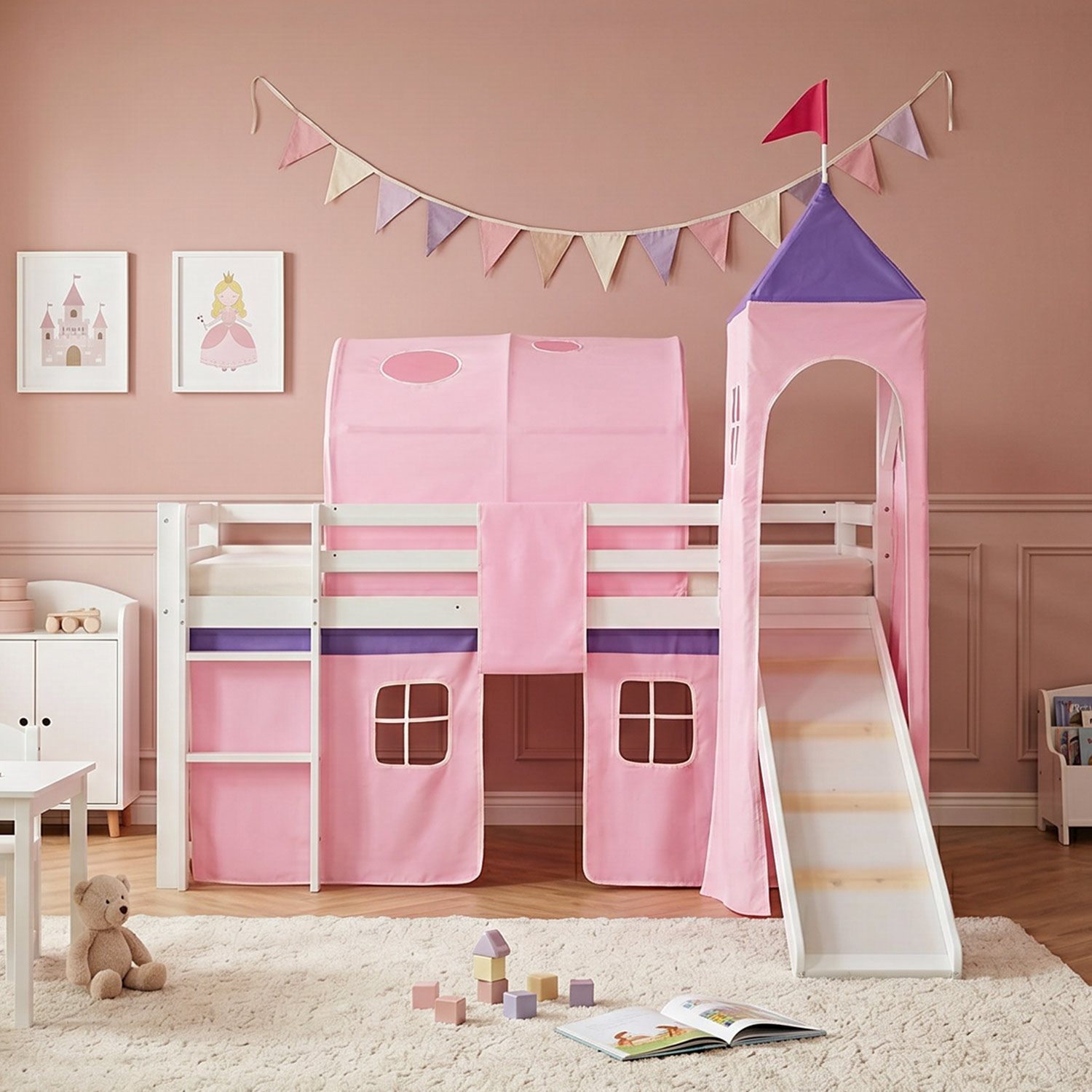 Children's Loft Bed 90x200 cm White with Pink Curtain | Slide | Tower | | Tunnel | with Slatted Base | with Mattress