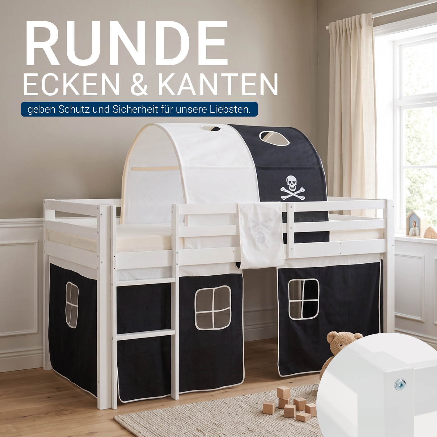 Children's Loft Bed 90x200 cm White with Black Curtain | Tunnel | Without Slatted Base | Pirate | Boys