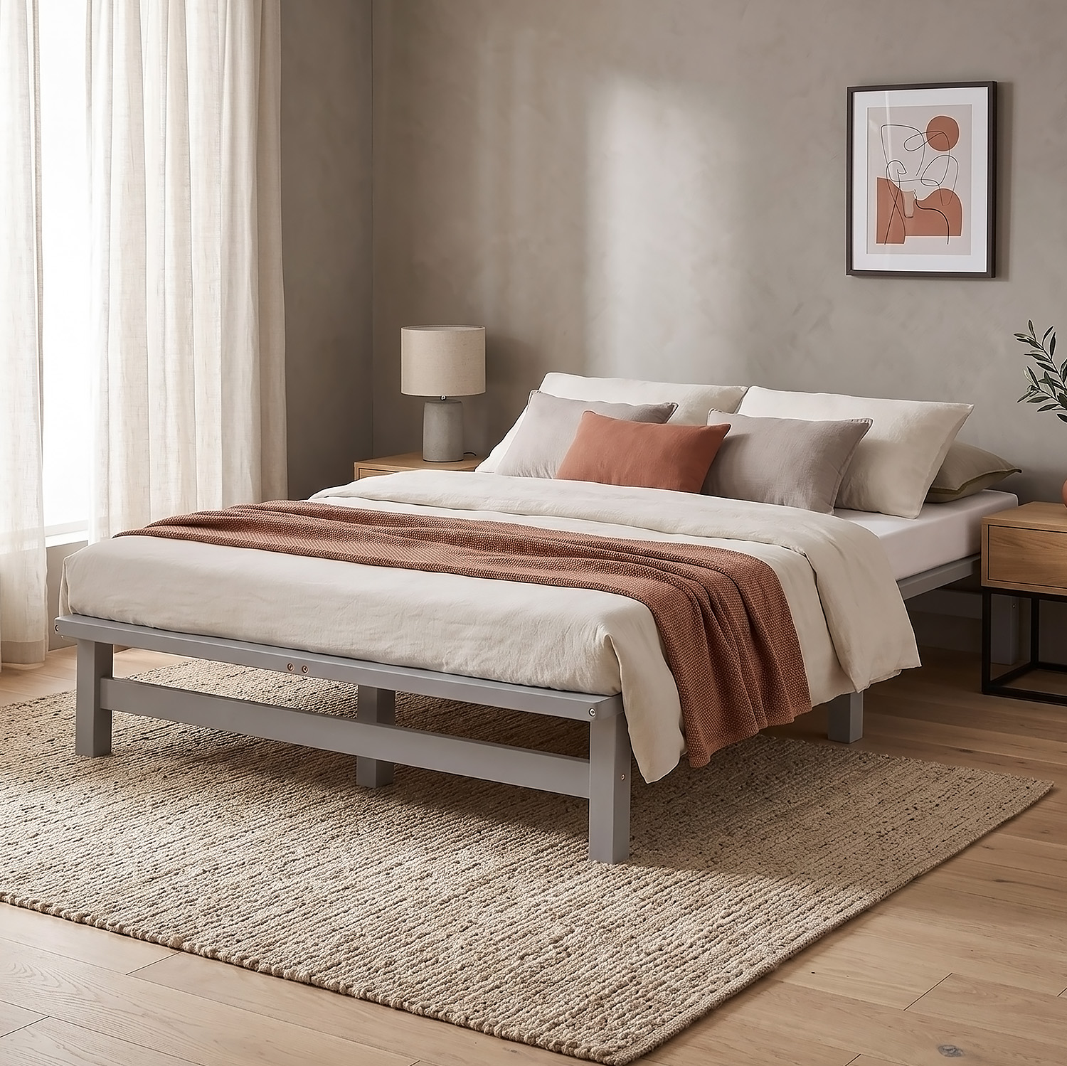 120x200 cm Grey Pallet Bed – Wooden Double Bed with Mattress & Slatted Base for Teen Rooms, Guest Rooms, and Bedrooms