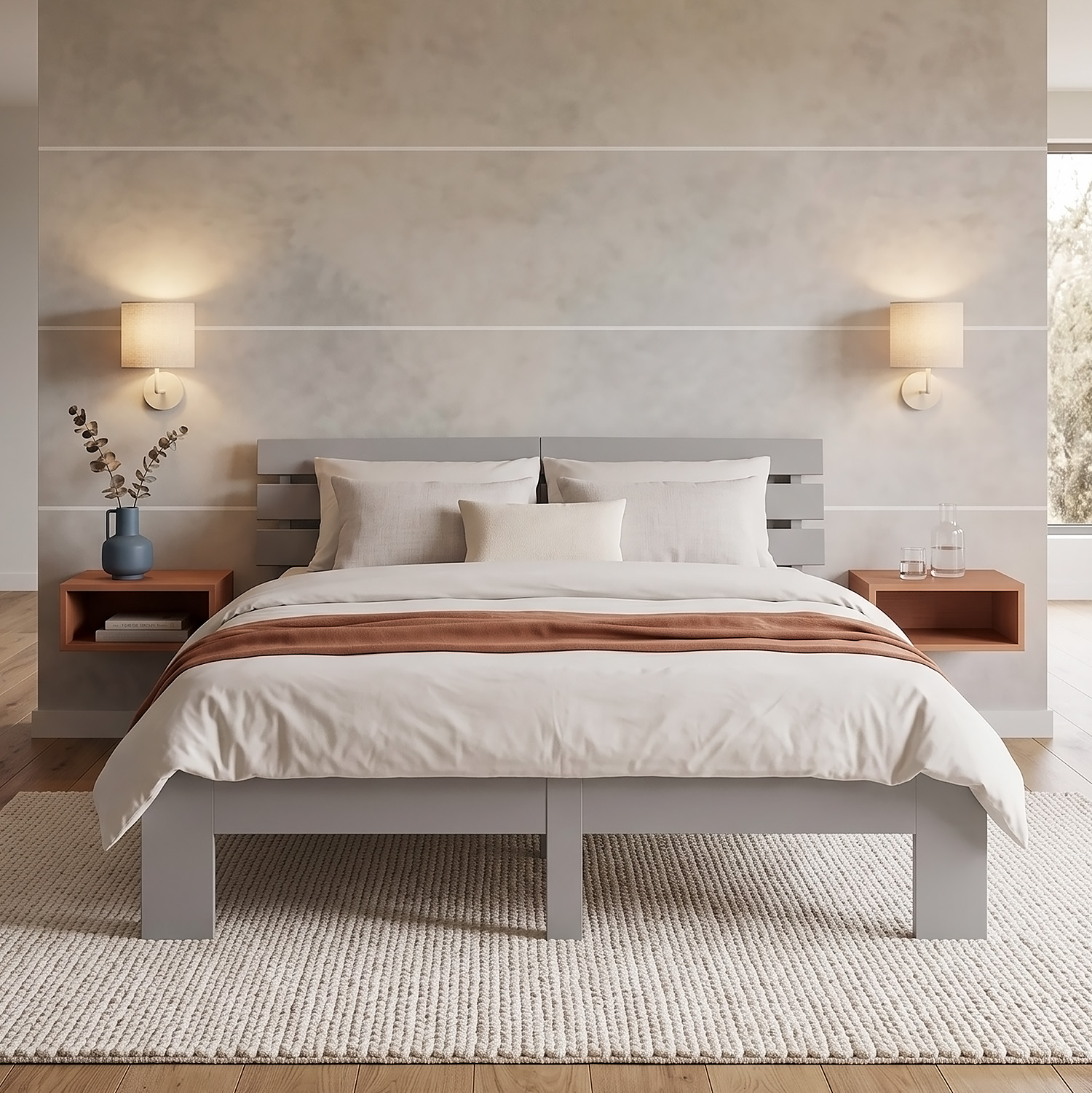 Wood Bed 180x200 cm Grey | Double Bed | with 2 Mattress | Solid | Kids Youth Guest Bedroom