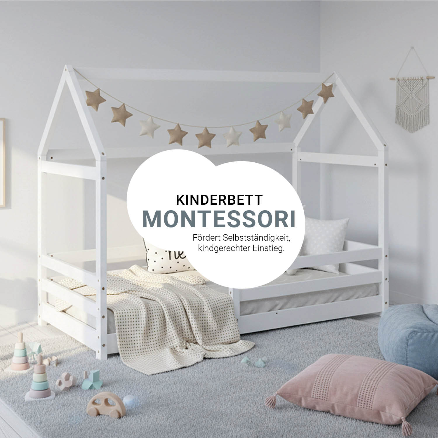 Children's Bed 80x160 cm with Mattress House Bed with Barriers Childrens Single Bed Montessori Bed Treehouse Bed