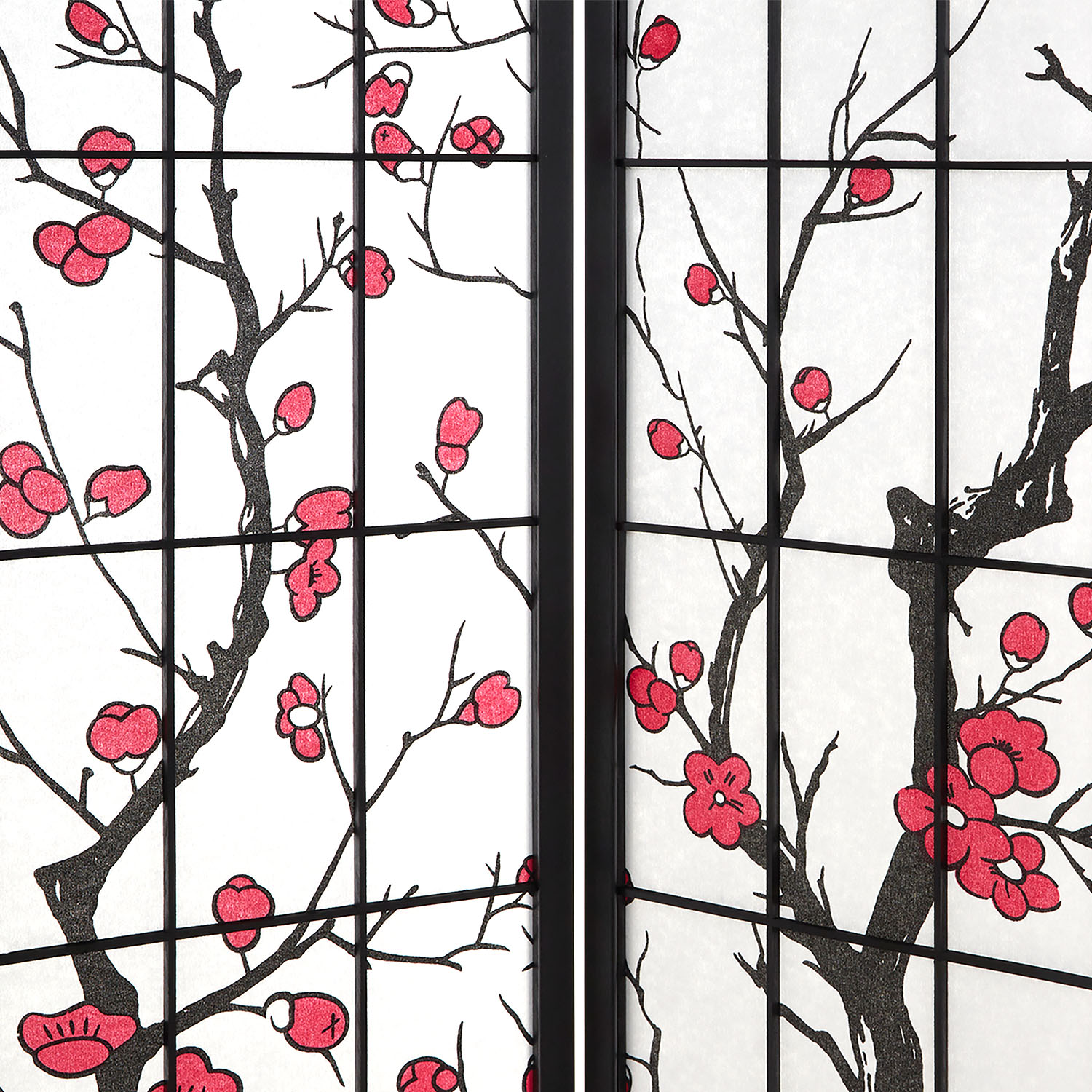 Paravent Black Cherry Pattern | Rice Paper White | 4-panel | Wood | Room Divider Partition Privacy Screen