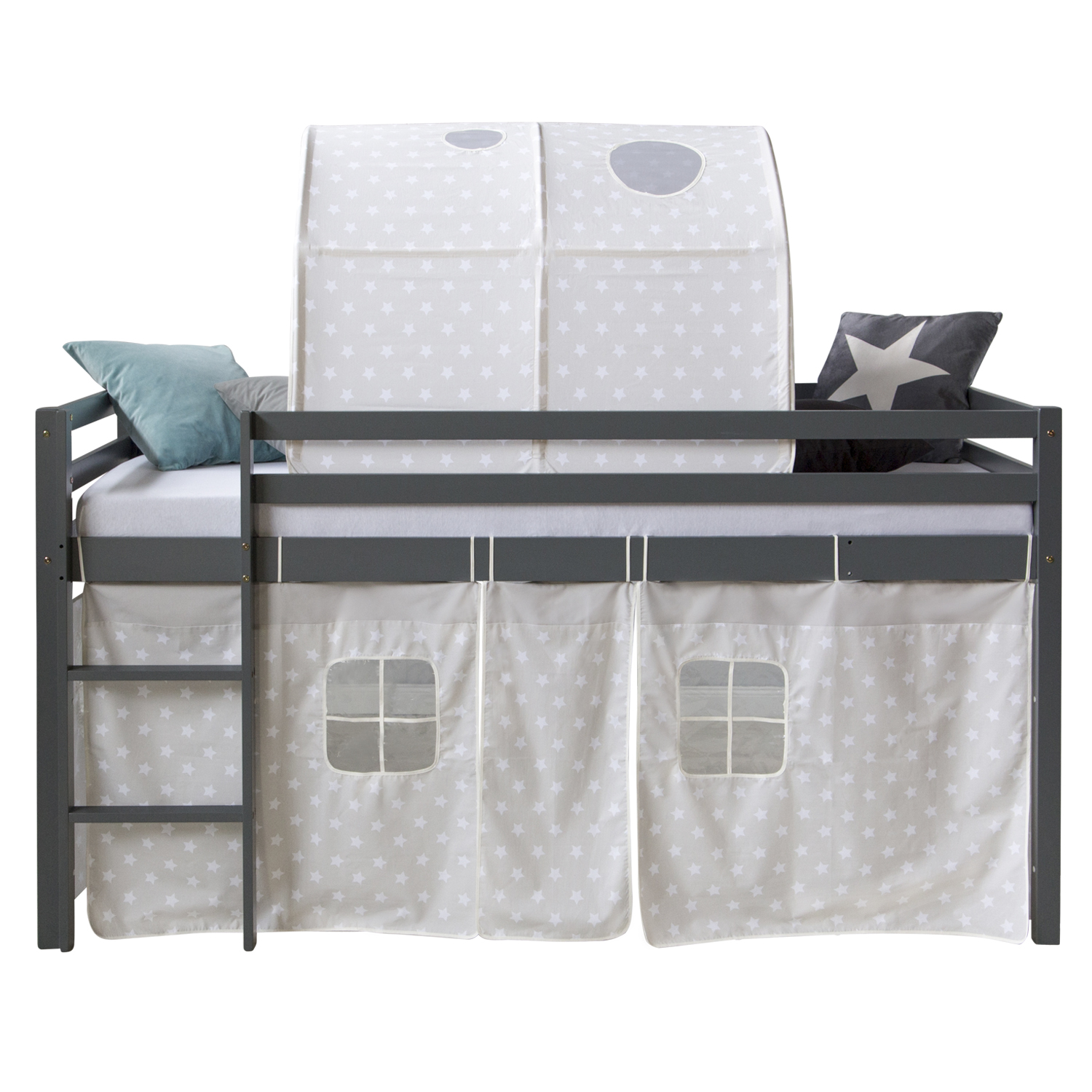 Loftbed 90x200 cm with Mattress Grey Bunk bed Childrens bed Solid Pine Wood Curtain Tunnel Stars Slats