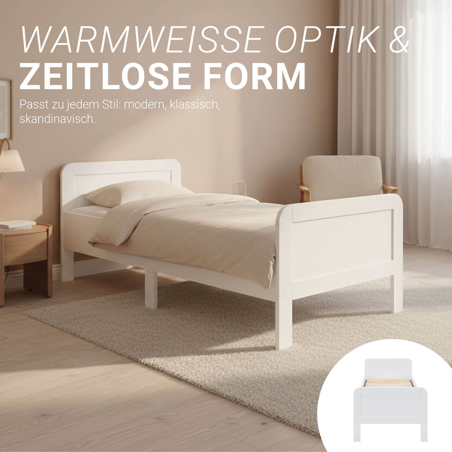 Comfort Bed 90x200 cm White | Senior Bed Height Adjustable with Slatted Frame | Single Bed | Wood