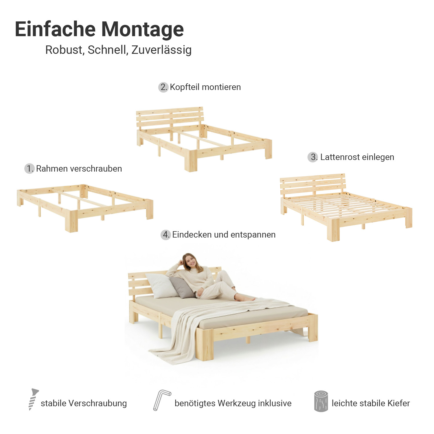 Wood Bed 120x200 cm Natural | Double Bed | with Slatted Frame | Solid | Kids Youth Guest Bedroom