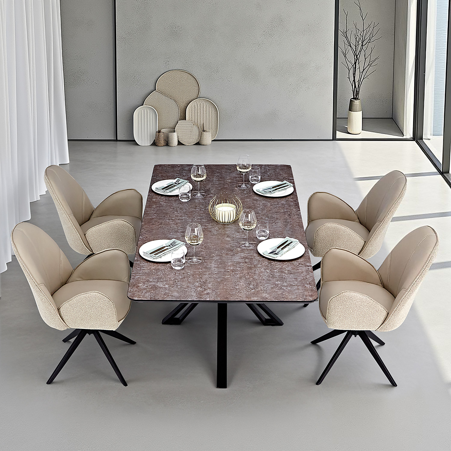 Essgruppe 200 x 100 cm braun mit 4 drehbaren Bouclé/Leder-Stühlen beige