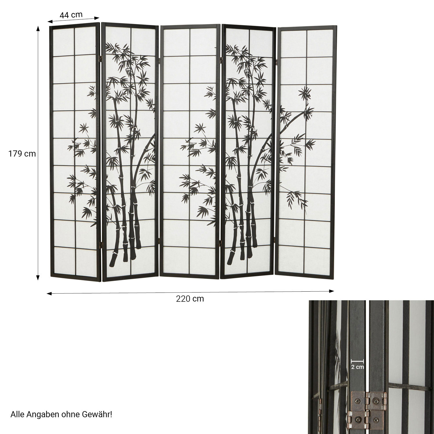 Paravent Black Bamboo Pattern Print | 5-panel | Wood | Room Divider Partition Privacy Screen