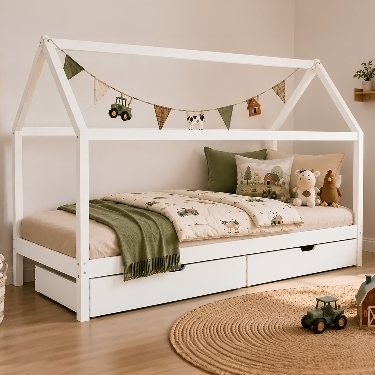 Children's Bed 90x200 cm White | House Bed with Drawers | Single Bed | with Slatted Frame | Wood