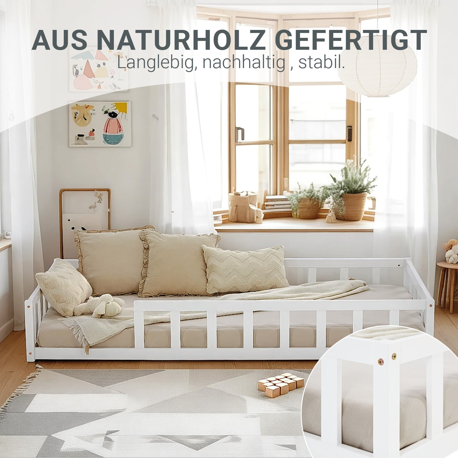 Children's Bed 90x200 White | Floor Bed with Mattress & Slatted Frame | with Fall Protection | Montessori