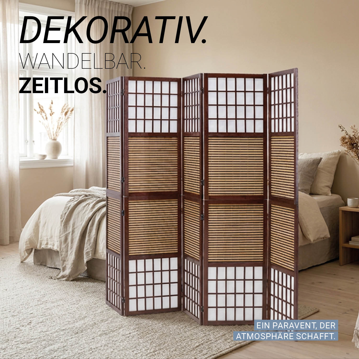 Brown 5-panel folding screen – room divider with bamboo and shoji rice paper