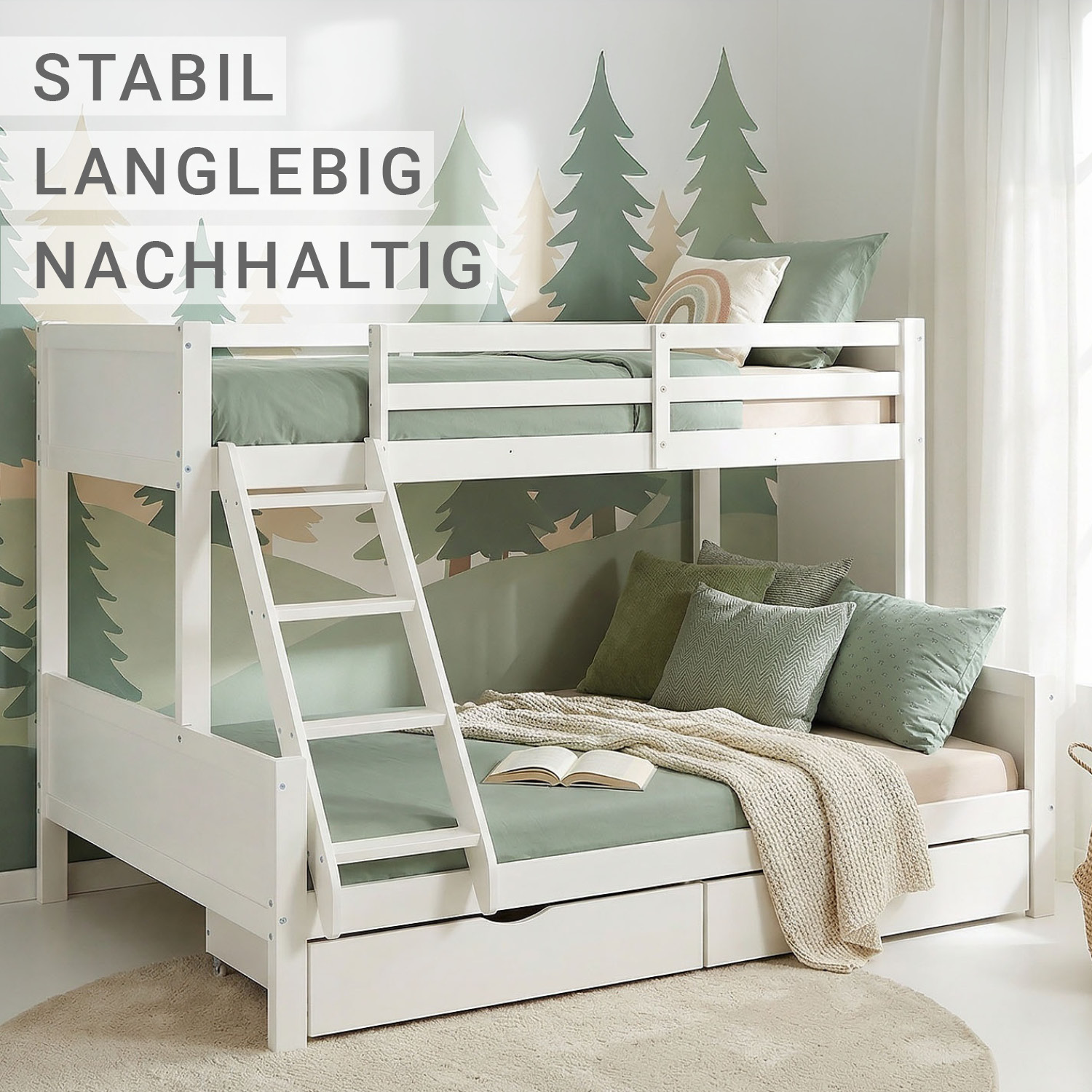 White Wooden Bunk Bed for Kids & Teens, 90x200 cm & 140x200 cm, with 2 Underbed Drawers and 2 Mattresses