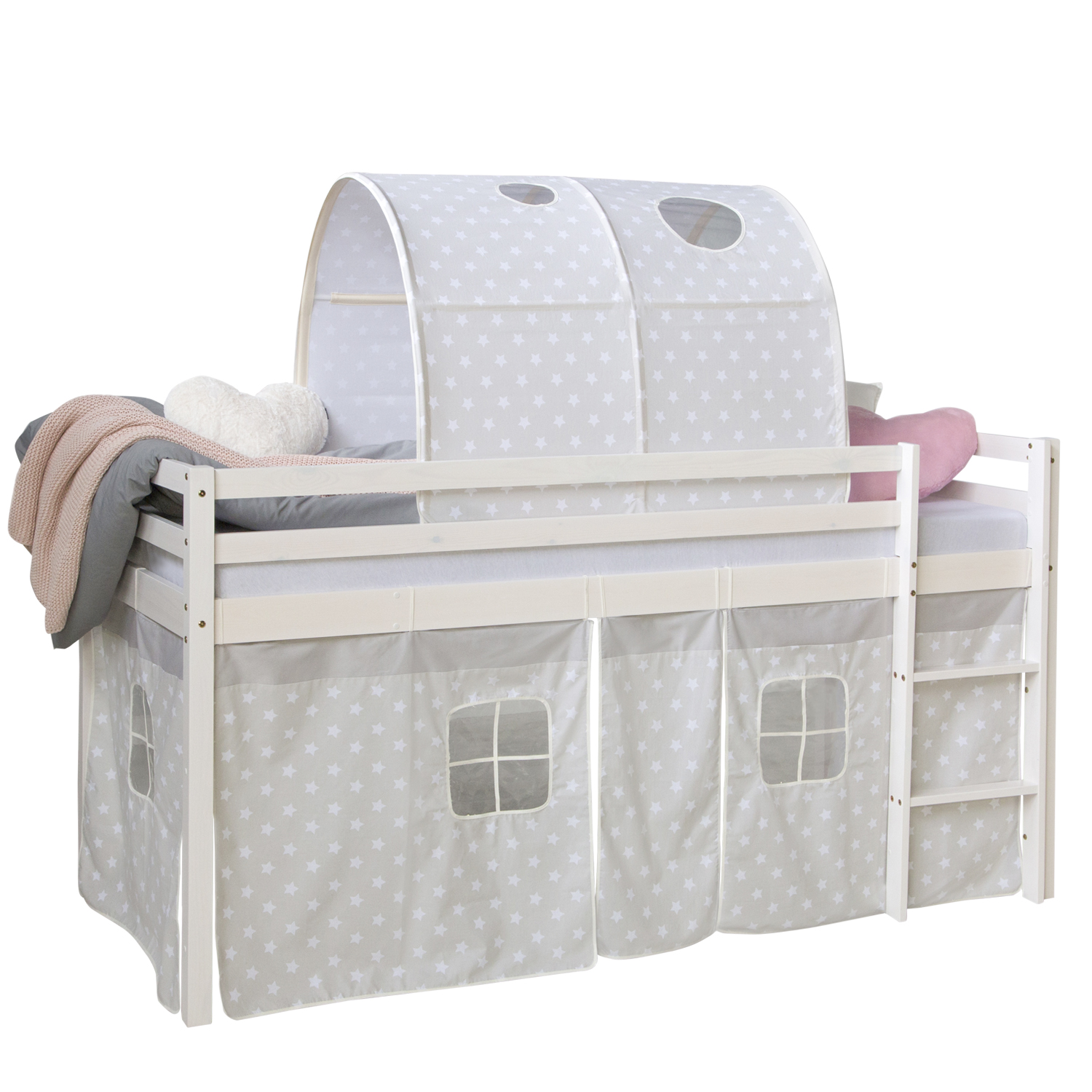 Loftbed 90x200 cm Bunk bed Childrens bed Solid Pine Wood Tower Tunnel Curtain Grey Stars Slide Mattress Slats