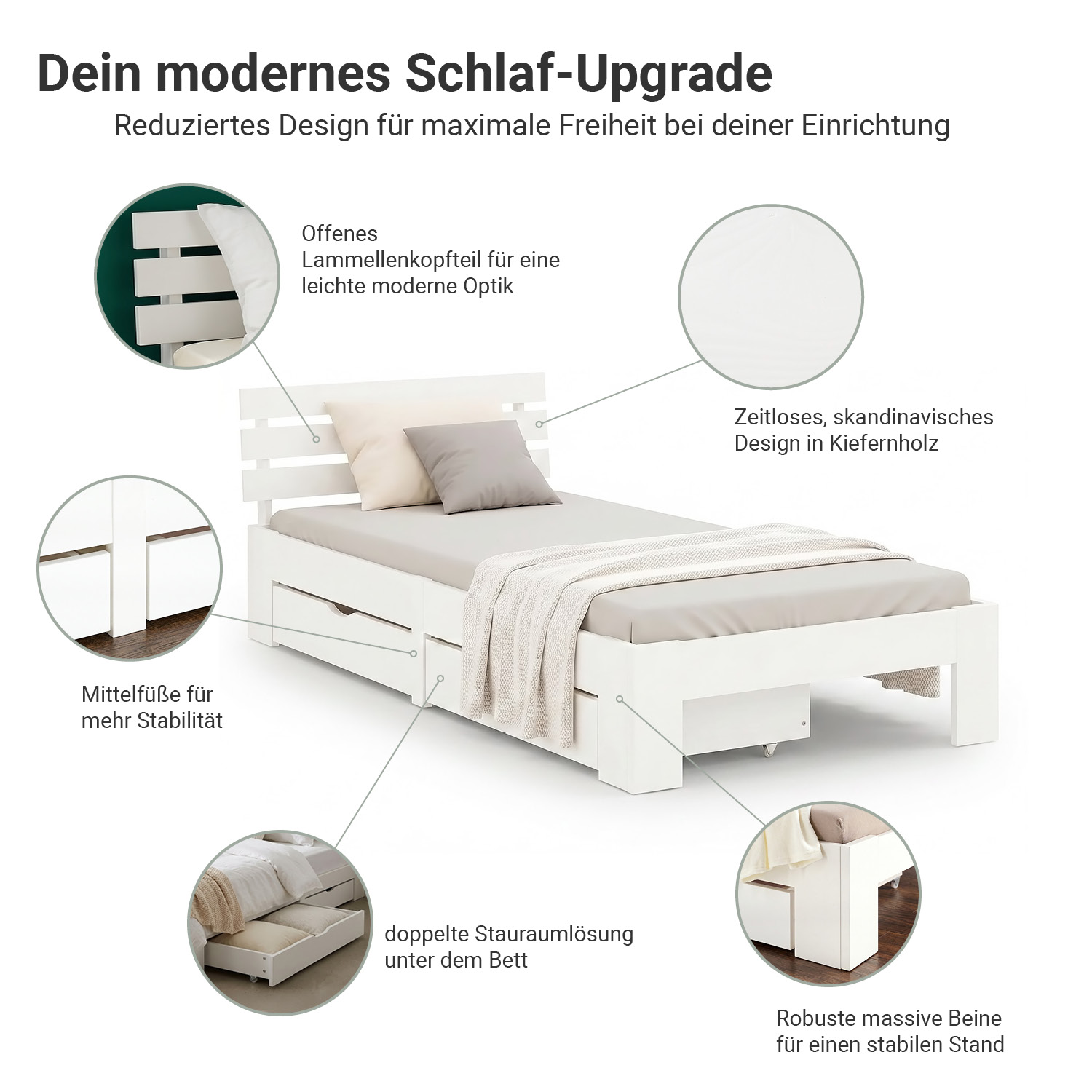 Wood Bed 90x200 cm White | Single Bed | with Spring Mattress | 2 Drawers | Youth Guest Bedroom
