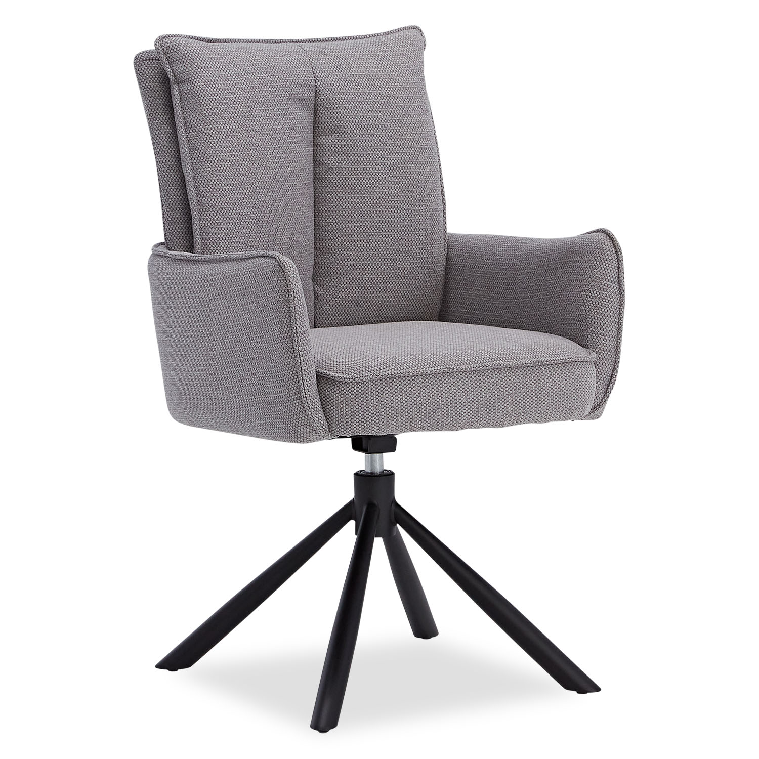 Modern swivel armchair with grey upholstery and black metal base for dining room office or living space