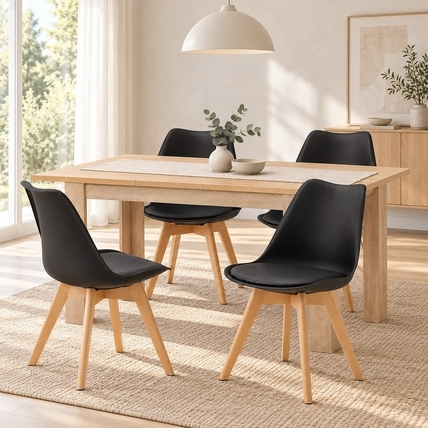 Dining Set (5-Piece): 120x80 cm oak extendable dining table with 4 black plastic chairs and wooden legs