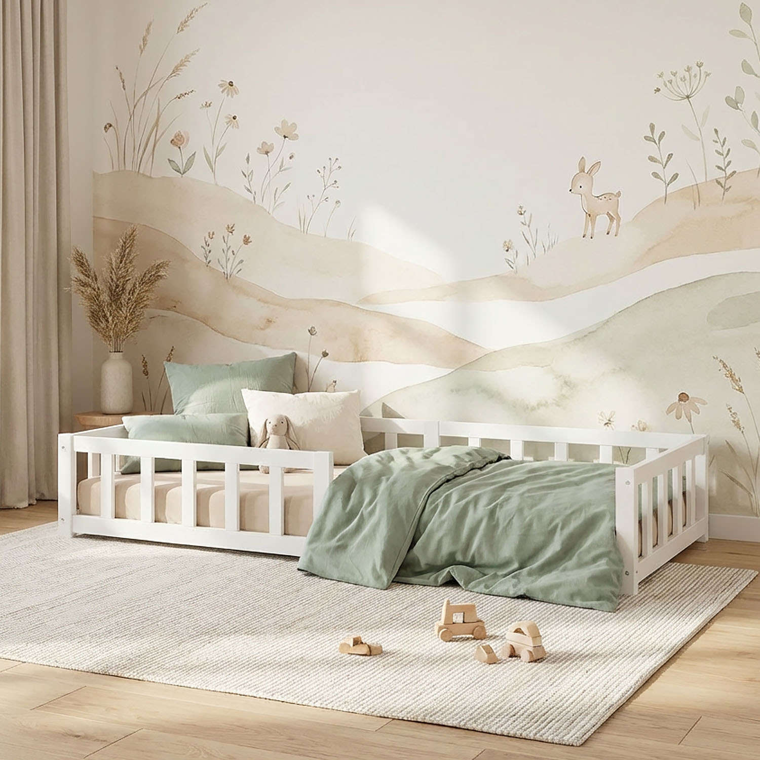 Montessori Crib 90x200 cm White, Includes Mattress & Slatted Base – Floor-Level Crib with Safety Rail Made of Solid Wood