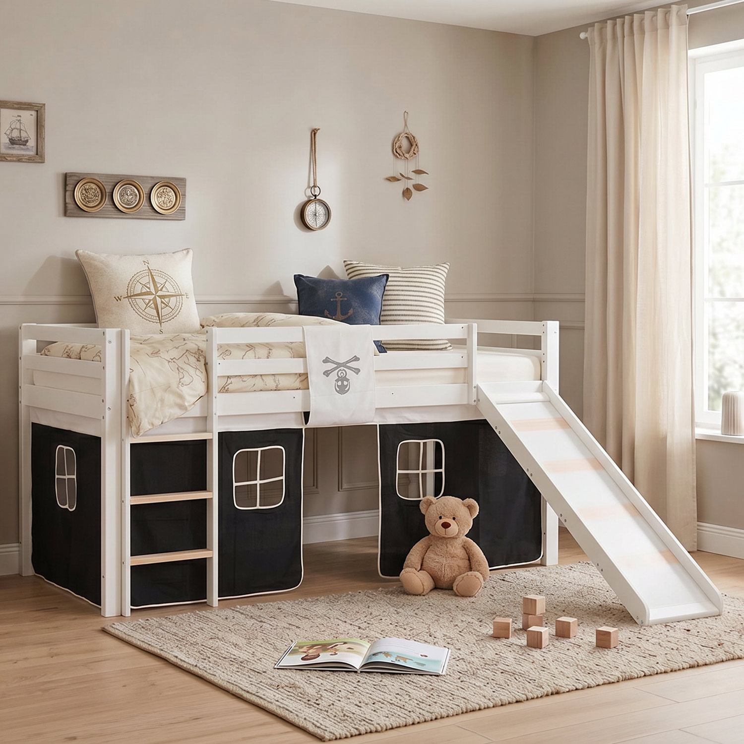 Loftbed 90x200 cm Bunk bed Childrens bed Solid Pine Wood Tower Tunnel Curtain Black Pirate Slide Mattress Slats