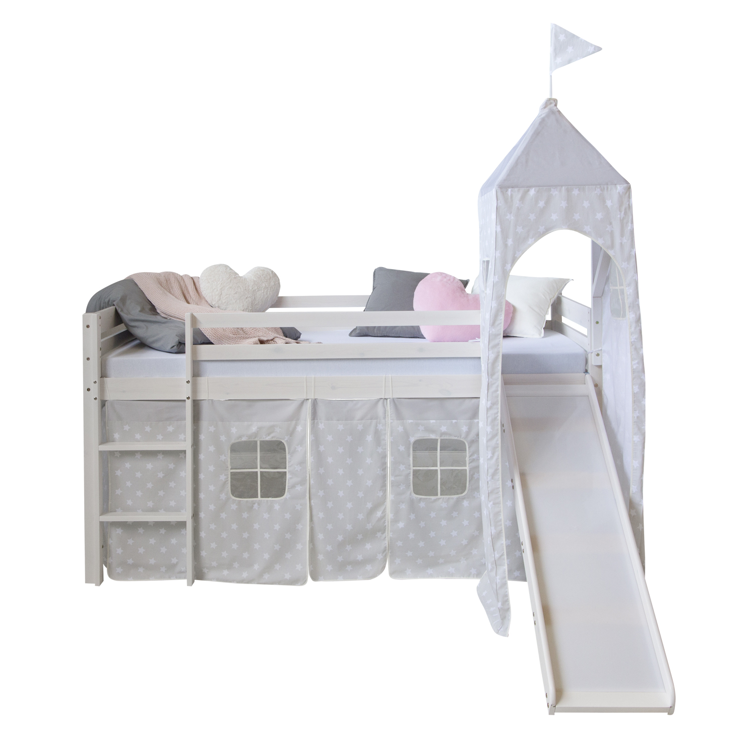 Loftbed with Slide 90x200 cm Mattress Tower Bunk bed Childrens bed Solid Pine Wood Curtain Grey Stars Slats