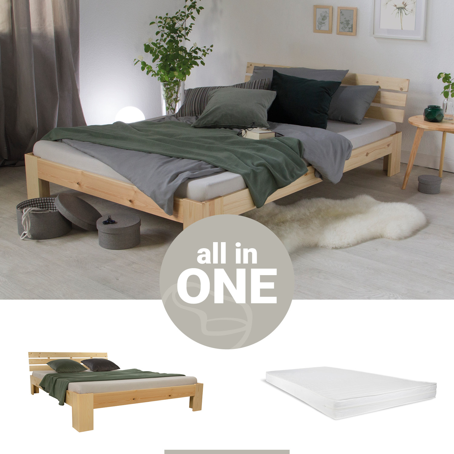 Double Bed with Mattress and Slatted Frame 140x200 Bed Nature Solid Pine Wooden Bed Futon Bed